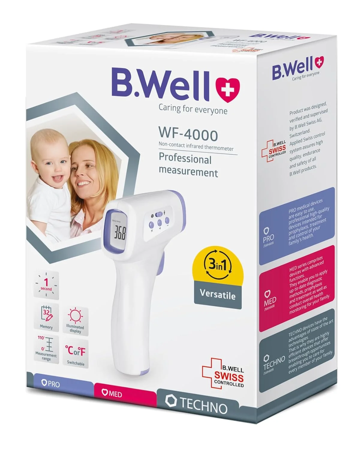 دماسنج مادون قرمز الکترونیکی غیر تماسی B.Well WF-4000 برای اندازه گیری دمای بدن، اشیاء و دمای محیط 3 در 1 دماسنج مادون قرمز الکترونیکی غیر تماسی B.Well WF-4000 برای اندازه گیری دمای بدن، اشیاء و دمای محیط 3 در 1