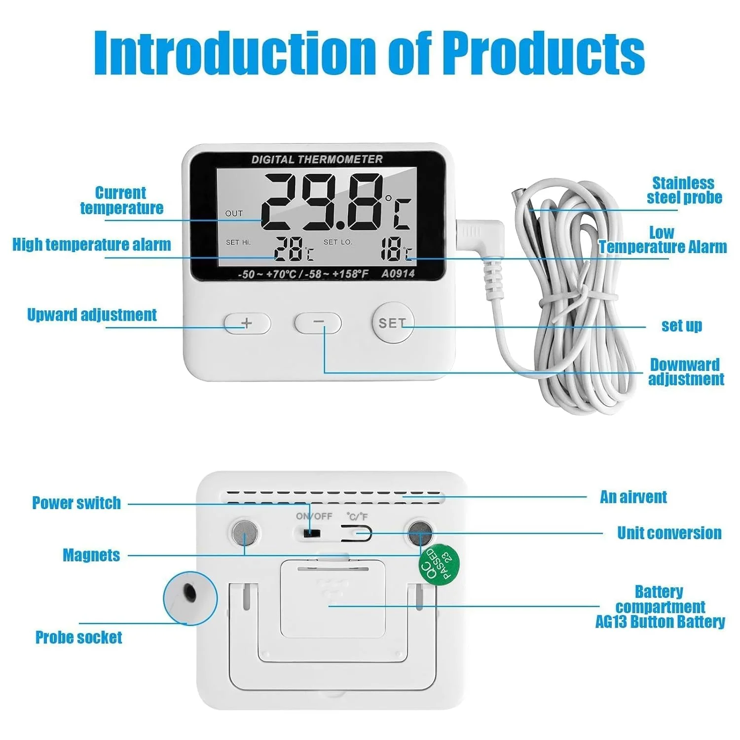 دماسنج دیجیتال فریزر با حسگر خارجی، نمایشگر LCD، هشدار دمای بالا/پایین، قابل تغییر بین ℃/℉، دماسنج مغناطیسی یخچال برای منزل دماسنج دیجیتال فریزر با حسگر خارجی، نمایشگر LCD، هشدار دمای بالا/پایین، قابل تغییر بین ℃/℉، دماسنج مغناطیسی یخچال برای منزل