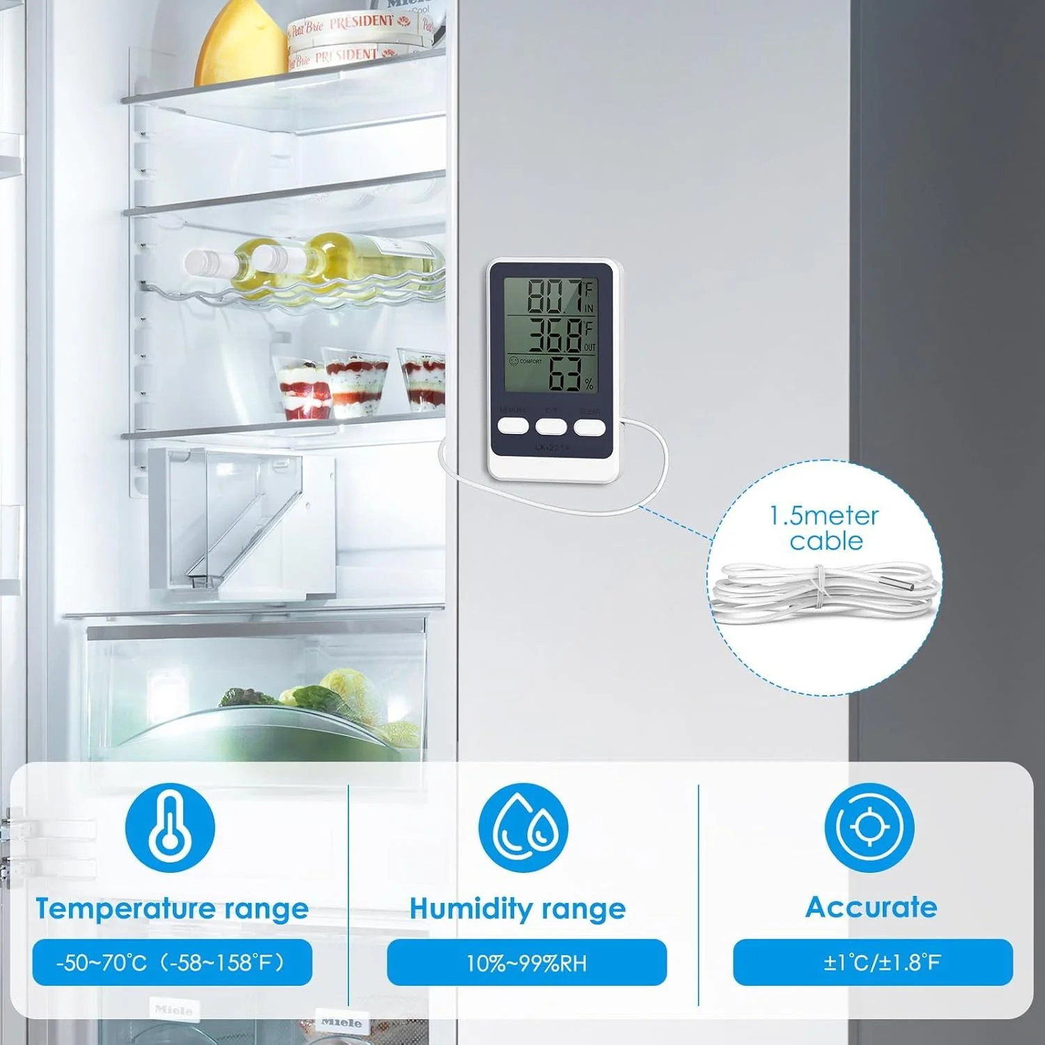 دماسنج دیجیتال یخچال KASTWAVE با حسگر پروب، مانیتور دمای فریزر داخلی و خارجی با صفحه نمایش HD، سوئیچ ℃/℉، ثبت حداقل/حداکثر، نماد آسایش، برای یخچال فریزر آکواریوم