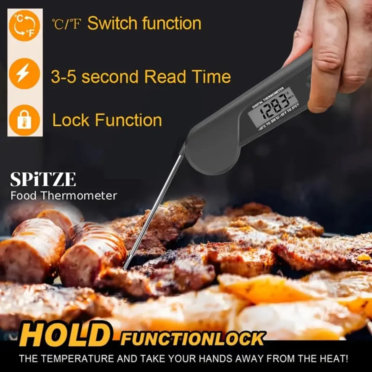 دماسنج دیجیتال گوشت SPITZE، دماسنج فوری غذا، برای باربیکیو، پخت و پز، سرخ کردن، گریل، دودی کردن، آشپزخانه و کمپینگ (دماسنج دیجیتال غذا)