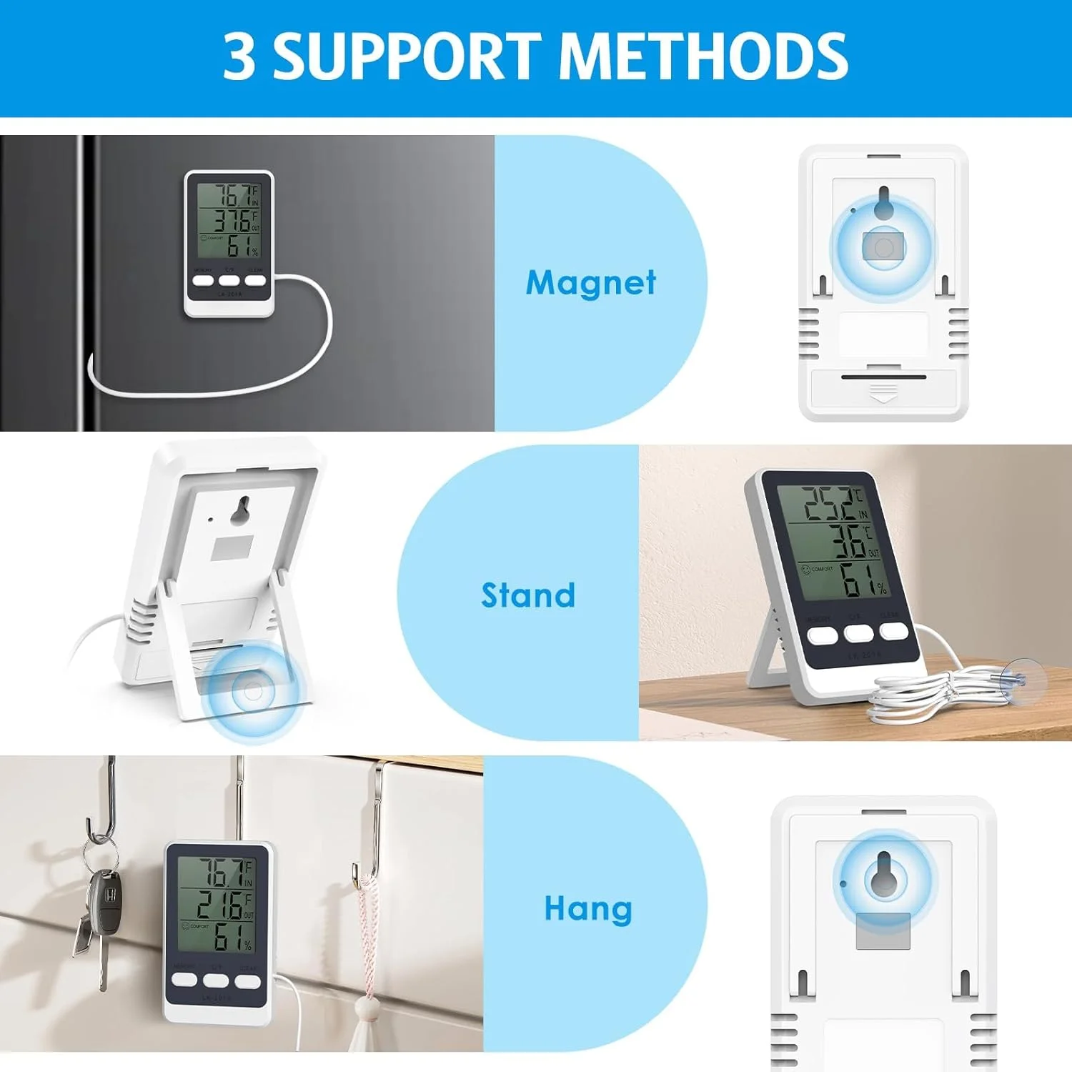 دماسنج دیجیتال یخچال KASTWAVE با حسگر پروب، مانیتور دمای فریزر داخلی و خارجی با صفحه نمایش HD، سوئیچ ℃/℉، ثبت حداقل/حداکثر، نماد آسایش، برای یخچال فریزر آکواریوم