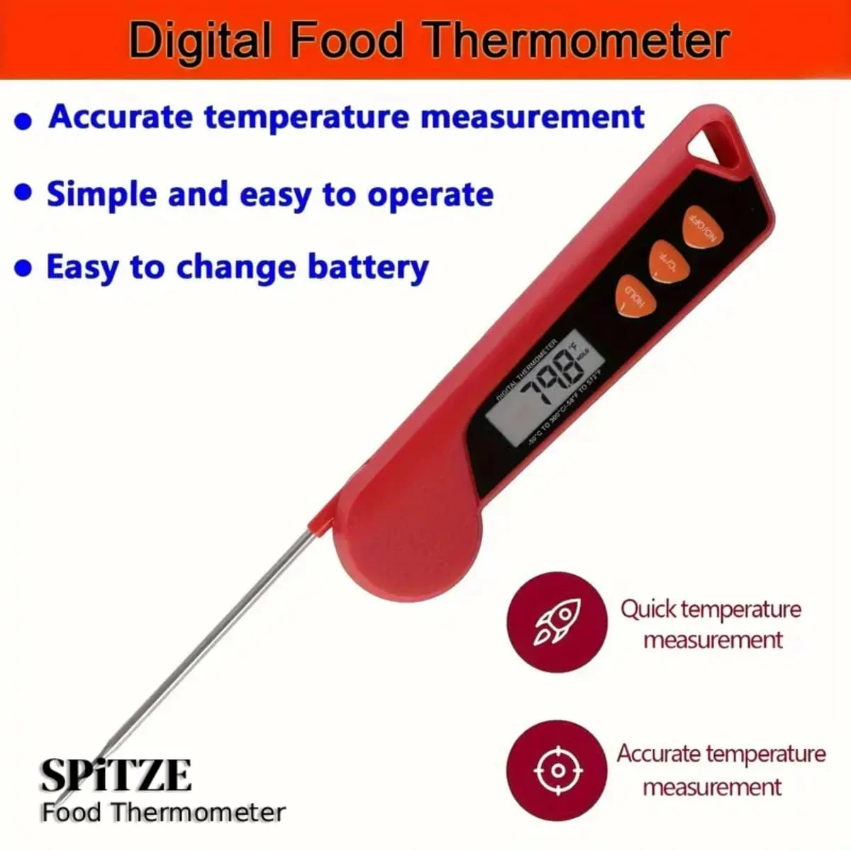 دماسنج دیجیتال گوشت SPITZE، دماسنج فوری غذا، برای باربیکیو، پخت و پز، سرخ کردن، گریل، دودی کردن، آشپزخانه و کمپینگ (دماسنج دیجیتال غذا)