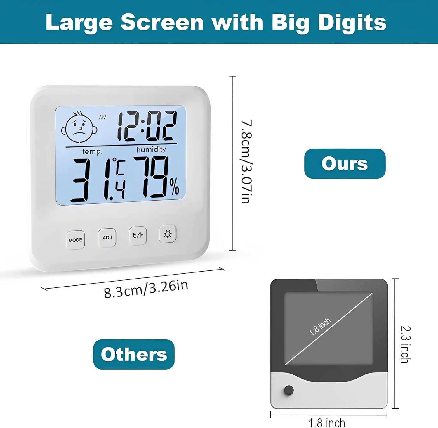 رطوبت سنج دیجیتال McMola، دماسنج داخلی، دماسنج اتاق و سنجش رطوبت با نمایشگر دما و رطوبت، نور پس زمینه، ساعت و عملکرد ℃/℉