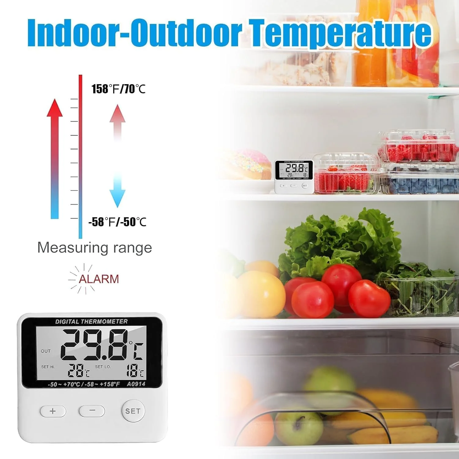 دماسنج دیجیتال فریزر با حسگر خارجی، نمایشگر LCD، هشدار دمای بالا/پایین، قابل تغییر بین ℃/℉، دماسنج مغناطیسی یخچال برای منزل دماسنج دیجیتال فریزر با حسگر خارجی، نمایشگر LCD، هشدار دمای بالا/پایین، قابل تغییر بین ℃/℉، دماسنج مغناطیسی یخچال برای منزل