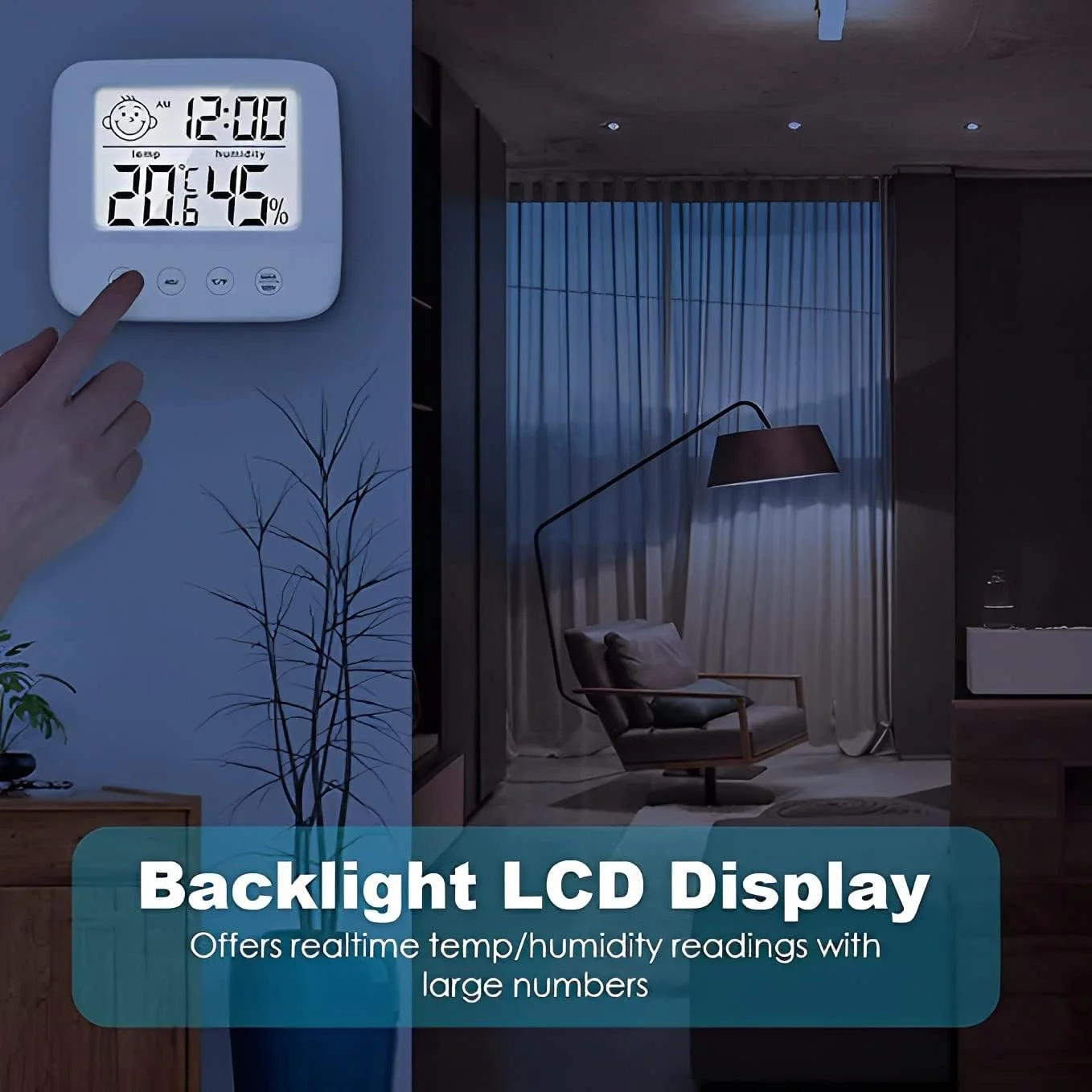 رطوبت سنج دیجیتال McMola، دماسنج داخلی، دماسنج اتاق و سنجش رطوبت با نمایشگر دما و رطوبت، نور پس زمینه، ساعت و عملکرد ℃/℉