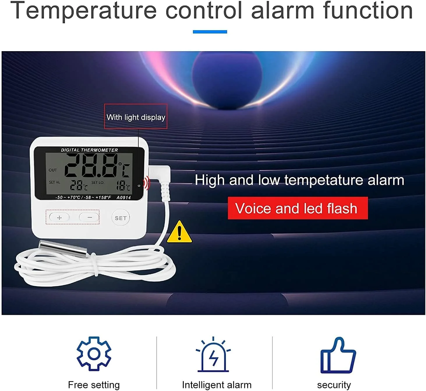 دماسنج دیجیتال بی سیم یخچال و فریزر TERRIFI با آلارم، دماسنج یخچال، صفحه نمایش LCD دیجیتال آشپزخانه با آلارم دمای بالا و پایین و سنسور اضافی -50°C تا +70°C مناسب برای منازل و کافه ها