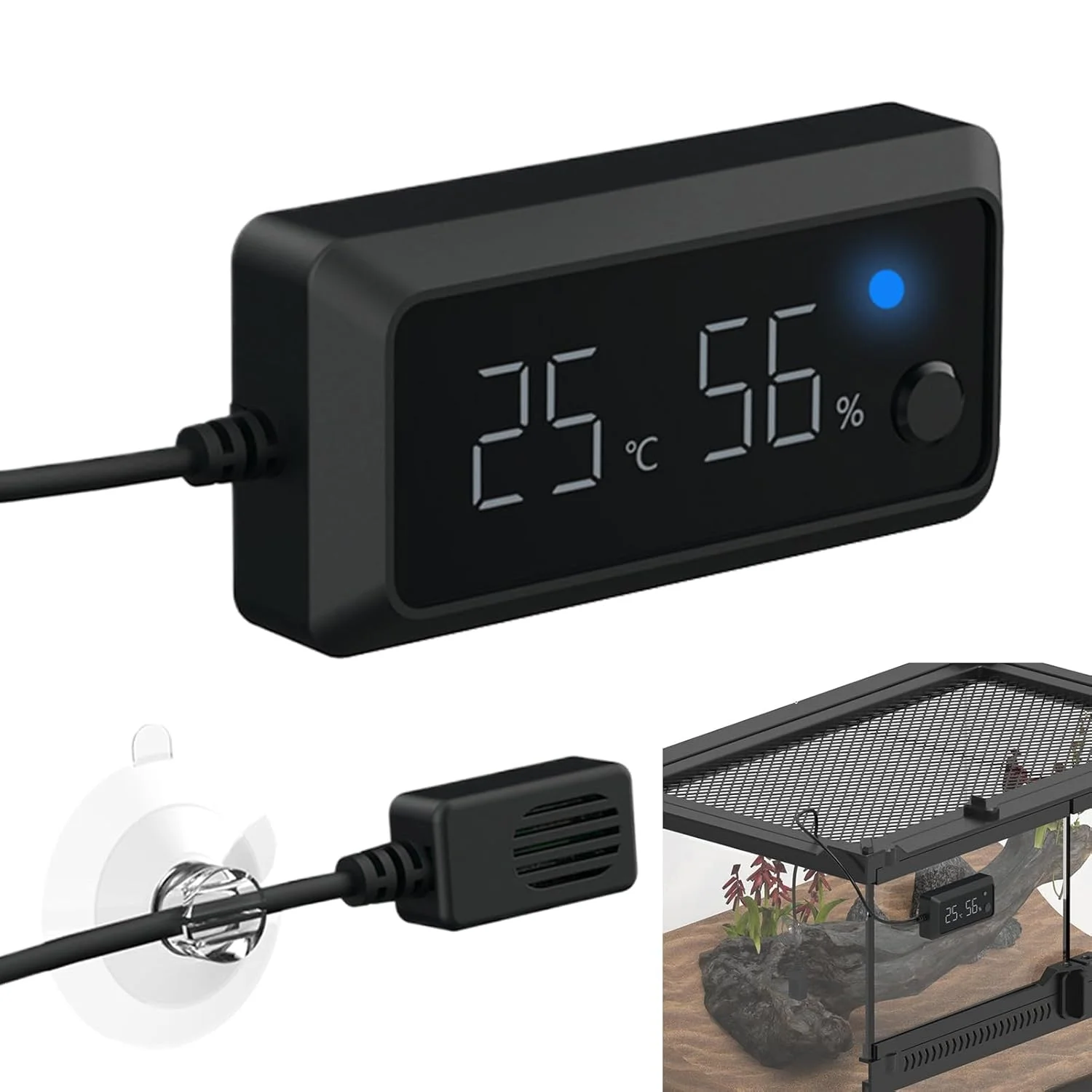 دماسنج و رطوبت سنج دیجیتال خزندگان، مانیتور دقیق دما و رطوبت برای تراریوم، حسگر آب و هوای محفظه برای اژدهای ریش دار، لاک پشت ها، مارمولک ها، ابزار کنترل زیستگاه حیوانات خانگی