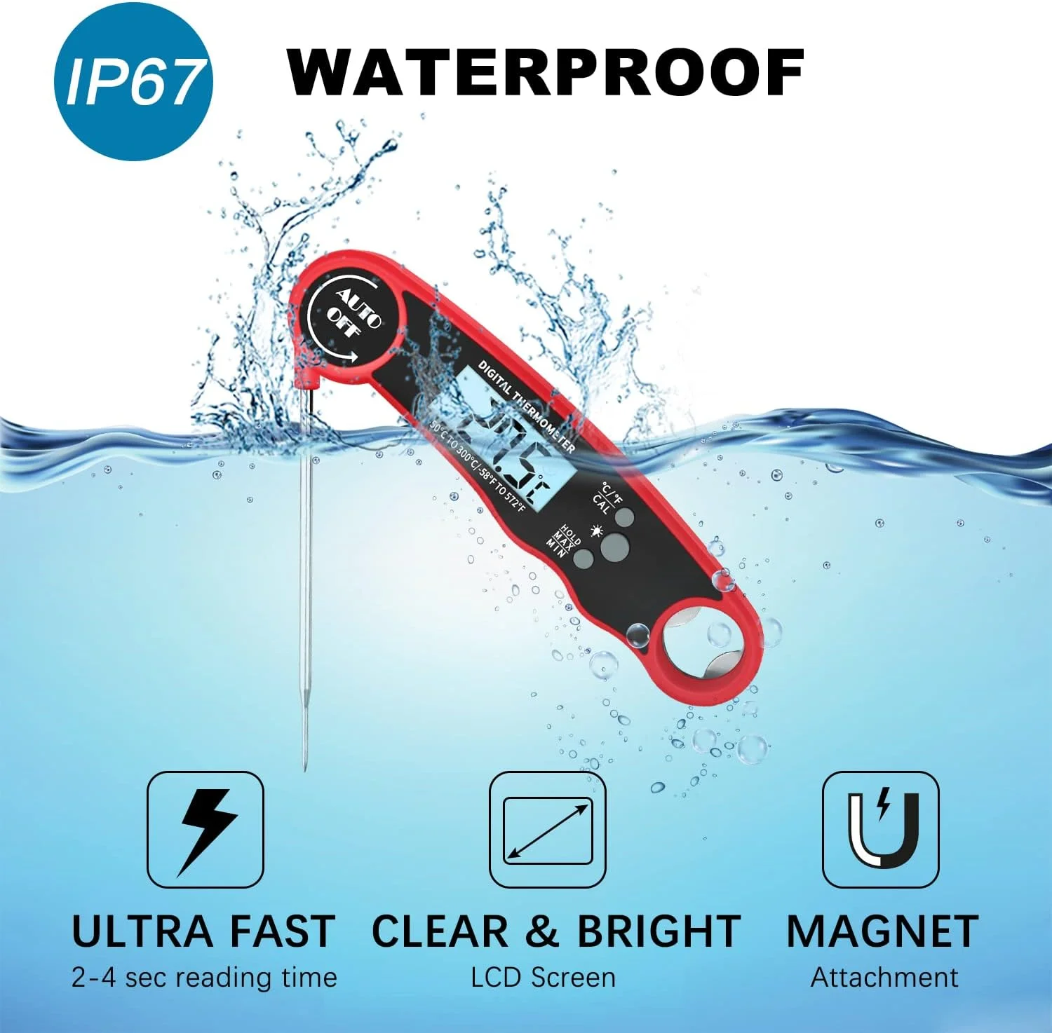 دماسنج دیجیتال گوشت ECVV با صفحه نمایش LCD، آهنربا و چوب پنبه بازکن، دماسنج آشپزی ضد آب IPX6 برای پخت، فر، سرخ کن، آبنبات، گریل، کباب پز و بوقلمون (قرمز) دماسنج دیجیتال گوشت ECVV با صفحه نمایش LCD، آهنربا و چوب پنبه بازکن، دماسنج آشپزی ضد آب IPX6 برای پخت، فر، سرخ کن، آبنبات، گریل، کباب پز و بوقلمون (قرمز)