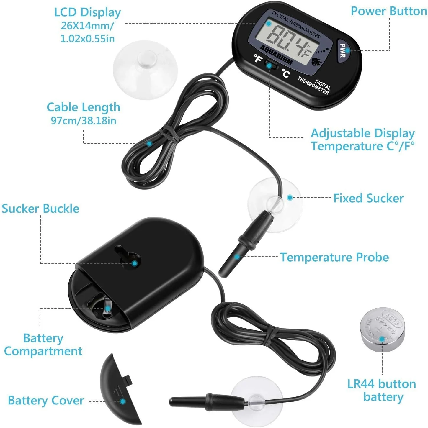 دماسنج دیجیتال LCD آکواریوم Excefore با مکنده، مناسب برای اندازه گیری دمای آب آکواریوم، تراریوم و مخازن نگهداری ماهی، خزندگانی مانند مارمولک و لاک پشت دماسنج دیجیتال LCD آکواریوم Excefore با مکنده، مناسب برای اندازه گیری دمای آب آکواریوم، تراریوم و مخازن نگهداری ماهی، خزندگانی مانند مارمولک و لاک پشت