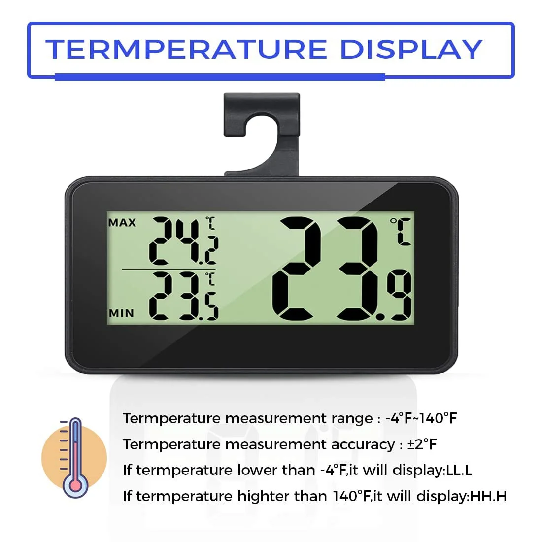 دماسنج یخچال ۴ عددی، دماسنج دیجیتال برای دمای یخچال، دماسنج فریزر دیجیتال با قلاب آویز، پایه جمع شونده و آهنربا (مشکی-۰۱) دماسنج یخچال ۴ عددی، دماسنج دیجیتال برای دمای یخچال، دماسنج فریزر دیجیتال با قلاب آویز، پایه جمع شونده و آهنربا (مشکی-۰۱)