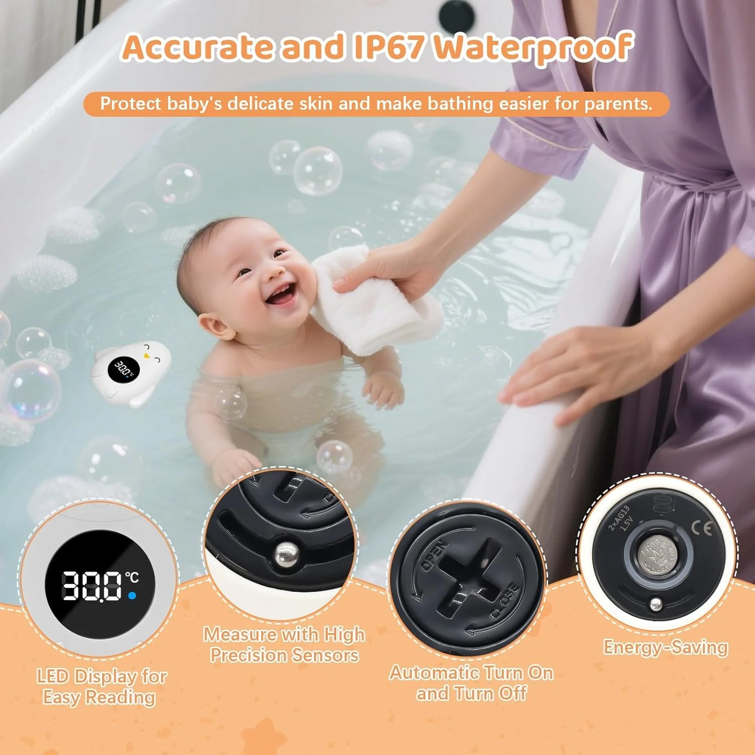 دماسنج حمام کودک، دماسنج دیجیتال حمام برای نوزادان و کودکان نوپا، دماسنج حمام به شکل پنگوئن برای وان حمام و استخر، سفید
