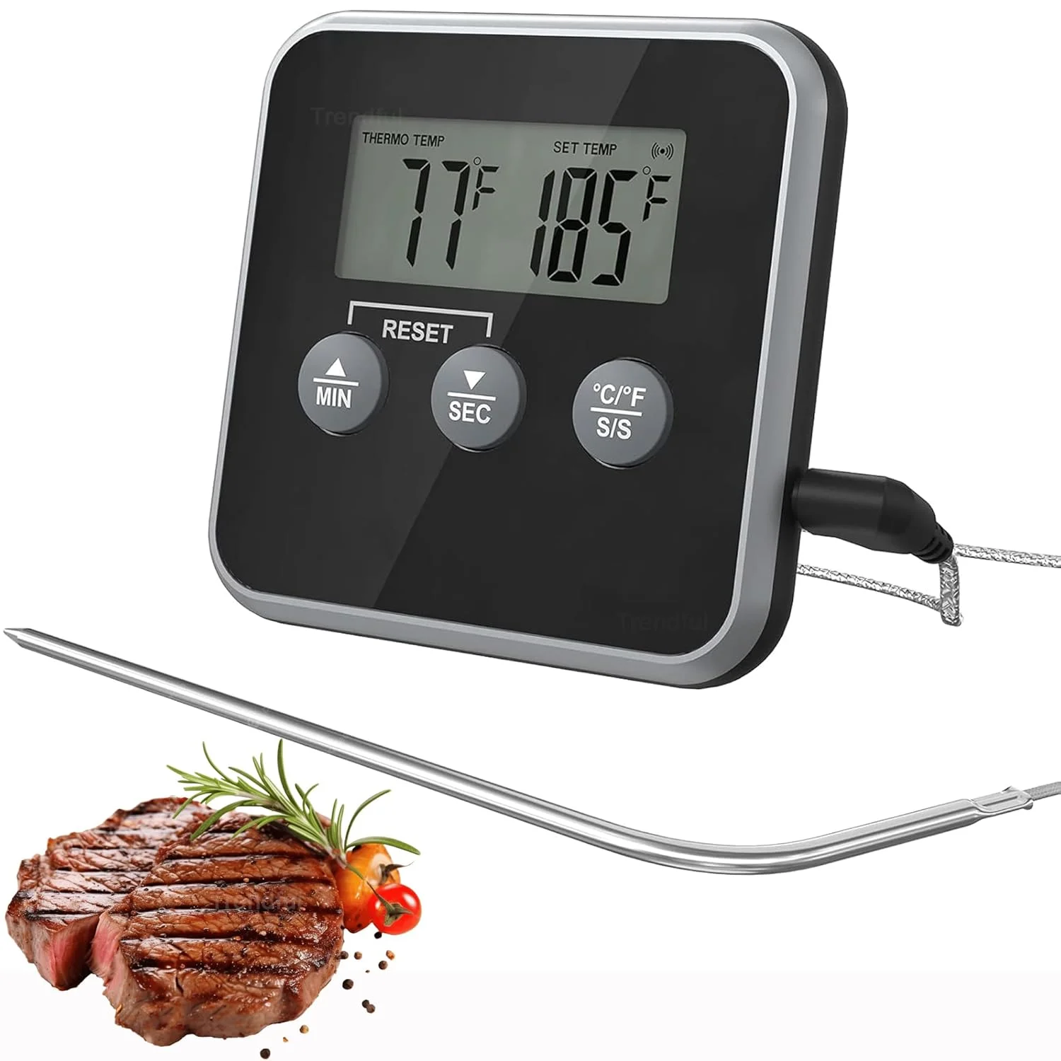 دماسنج دیجیتال مواد غذایی با تایمر، دماسنج فوری گوشت با میله استیل ضد زنگ برای باربیکیو، فر، گریل، دودی کردن، آب نبات، روغن، شیر و پخت، طراحی مغناطیسی و تاشو