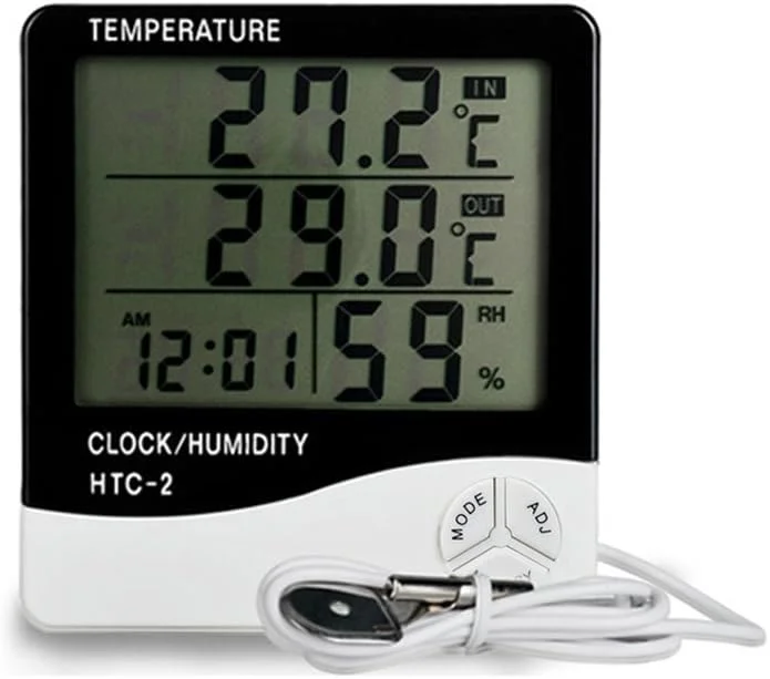 دماسنج و رطوبت سنج دیجیتال صفحه بزرگ داخلی و خارجی HTC-2 به همراه نمایشگر زمان و تقویم و آلارم