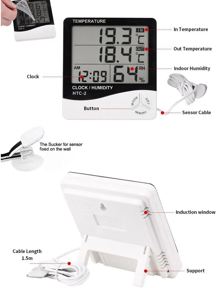 دماسنج و رطوبت سنج دیجیتال صفحه بزرگ داخلی و خارجی HTC-2 به همراه نمایشگر زمان و تقویم و آلارم