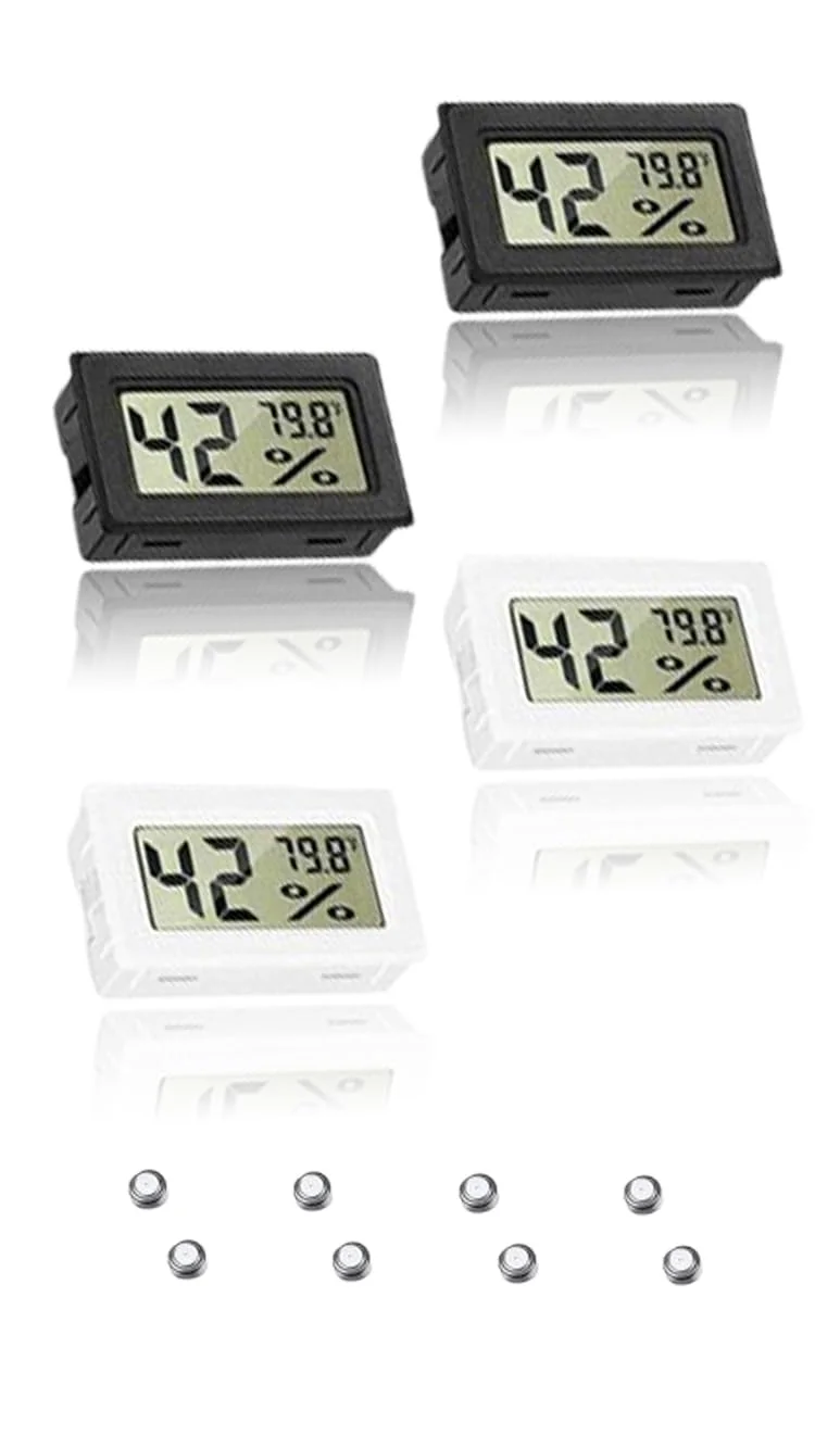 دماسنج و رطوبت سنج دیجیتال کوچک 4 عددی با 8 عدد باتری - سنجش دما و رطوبت برای خانه، ماشین، گلخانه، اتاق کودک
