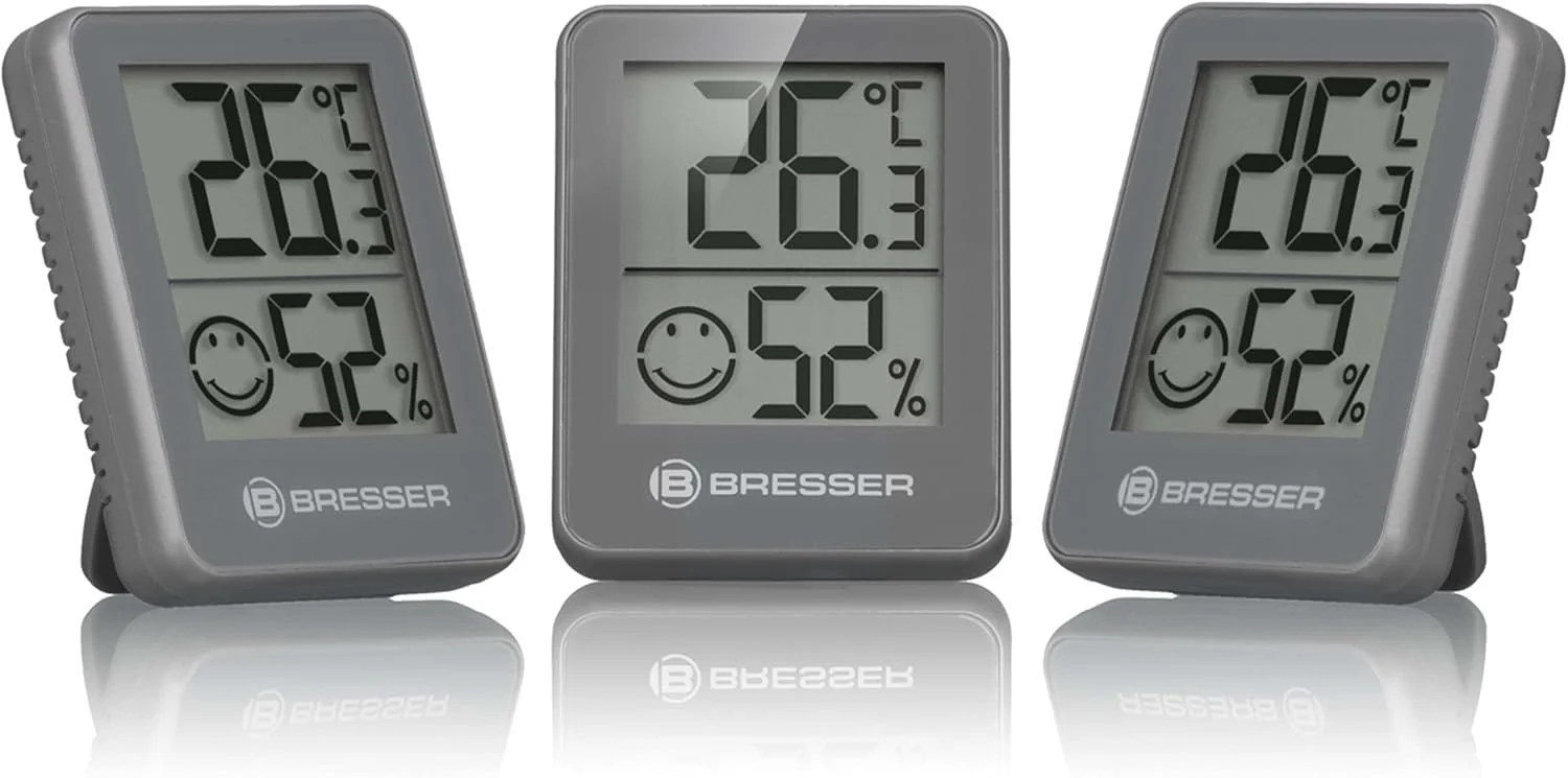 دماسنج و رطوبت سنج برسِر تمئو هیگرو با قابلیت نصب روی دیوار یا قرار دادن روی میز به همراه نشانگر وضعیت آب و هوای اتاق