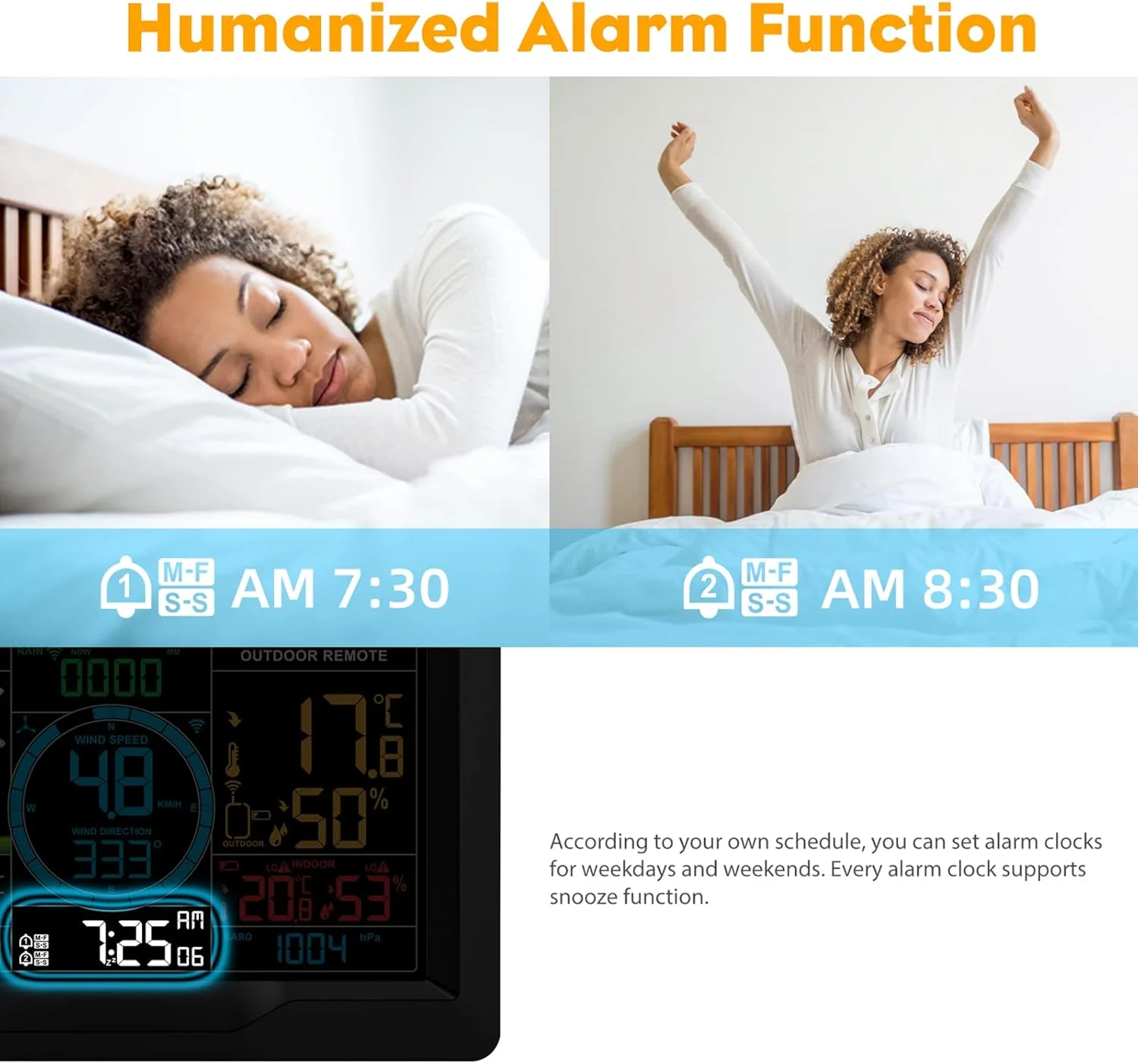 ایستگاه هواشناسی بی سیم Eacam، رطوبت سنج و دماسنج فضای باز، نمایشگر نور پس زمینه دما و رطوبت، ایستگاه پیش بینی آب و هوا دیجیتال داخلی، ساعت زنگ دار با سنسور فضای باز و پورت USB