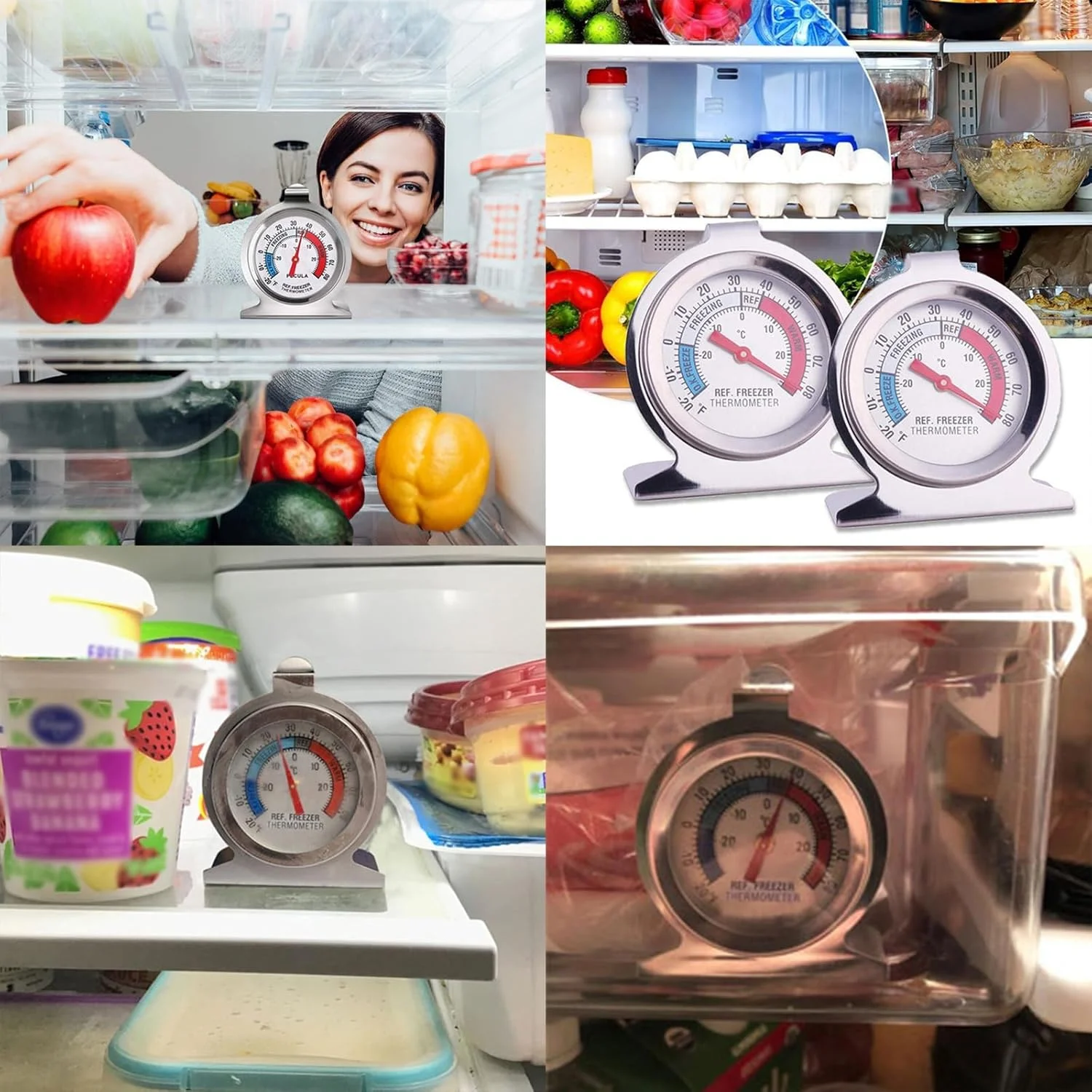 دماسنج یخچال بسته 4 عددی، صفحه بزرگ -29 تا 27 درجه سانتیگراد، دماسنج کلاسیک یخچال و فریزر با نشانگر قرمز برای نظارت دقیق دما
