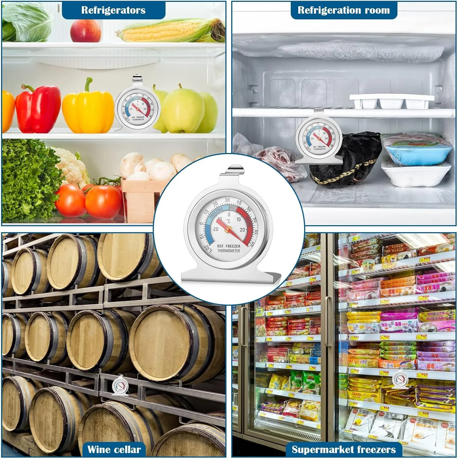 دماسنج داخلی MAKINGTEC، دماسنج یخچال و فریزر - دماسنج مکانیکی اتاق، دماسنج صفحه ای استیل ضد زنگ برای خانه، رستوران ها، بارها، کافه ها (2 عدد)