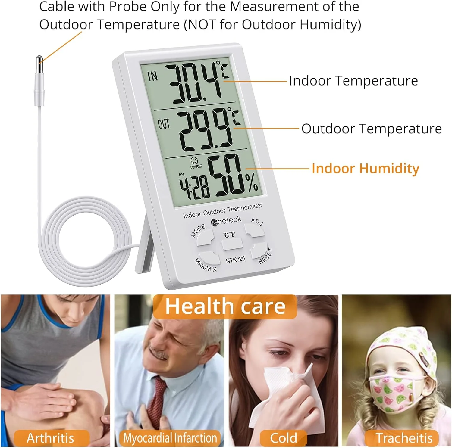 دماسنج دیجیتال Neoteck 2 در 1، رطوبت سنج، دقت سنجش دما و رطوبت با صفحه نمایش بزرگ LCD و سیم سنسور 1.5 متری، مدیریت تهویه هوا برای استفاده در محیط داخلی و خارجی دماسنج دیجیتال Neoteck 2 در 1، رطوبت سنج، دقت سنجش دما و رطوبت با صفحه نمایش بزرگ LCD و سیم سنسور 1.5 متری، مدیریت تهویه هوا برای استفاده در محیط داخلی و خارجی