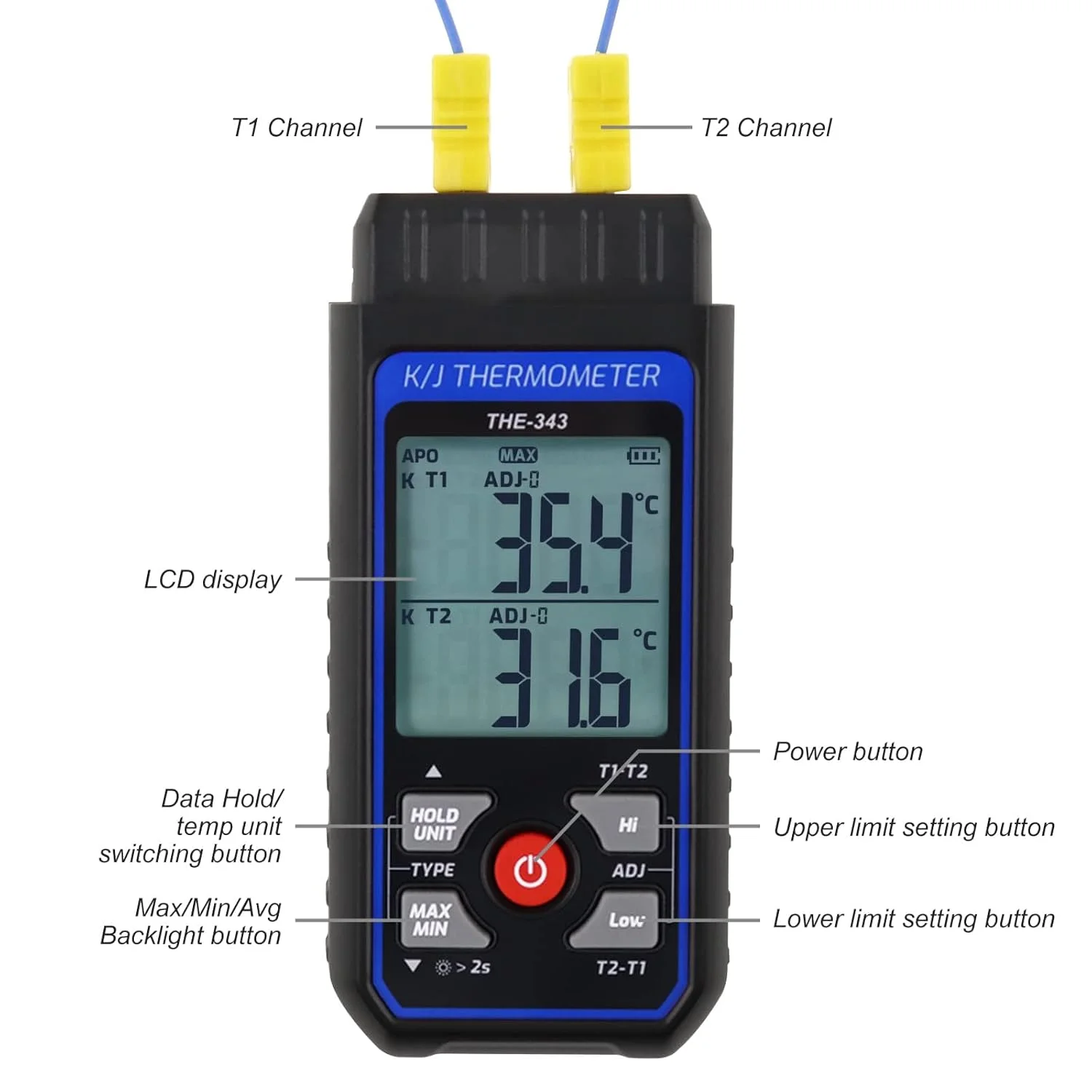 دماسنج ترموکوپل دو کاناله نوع K/J NALACAL، دماسنج دیجیتال با محدوده گسترده اندازه گیری دما کانال T1-T2 با نور پس زمینه و جبران دمای ترموکوپل