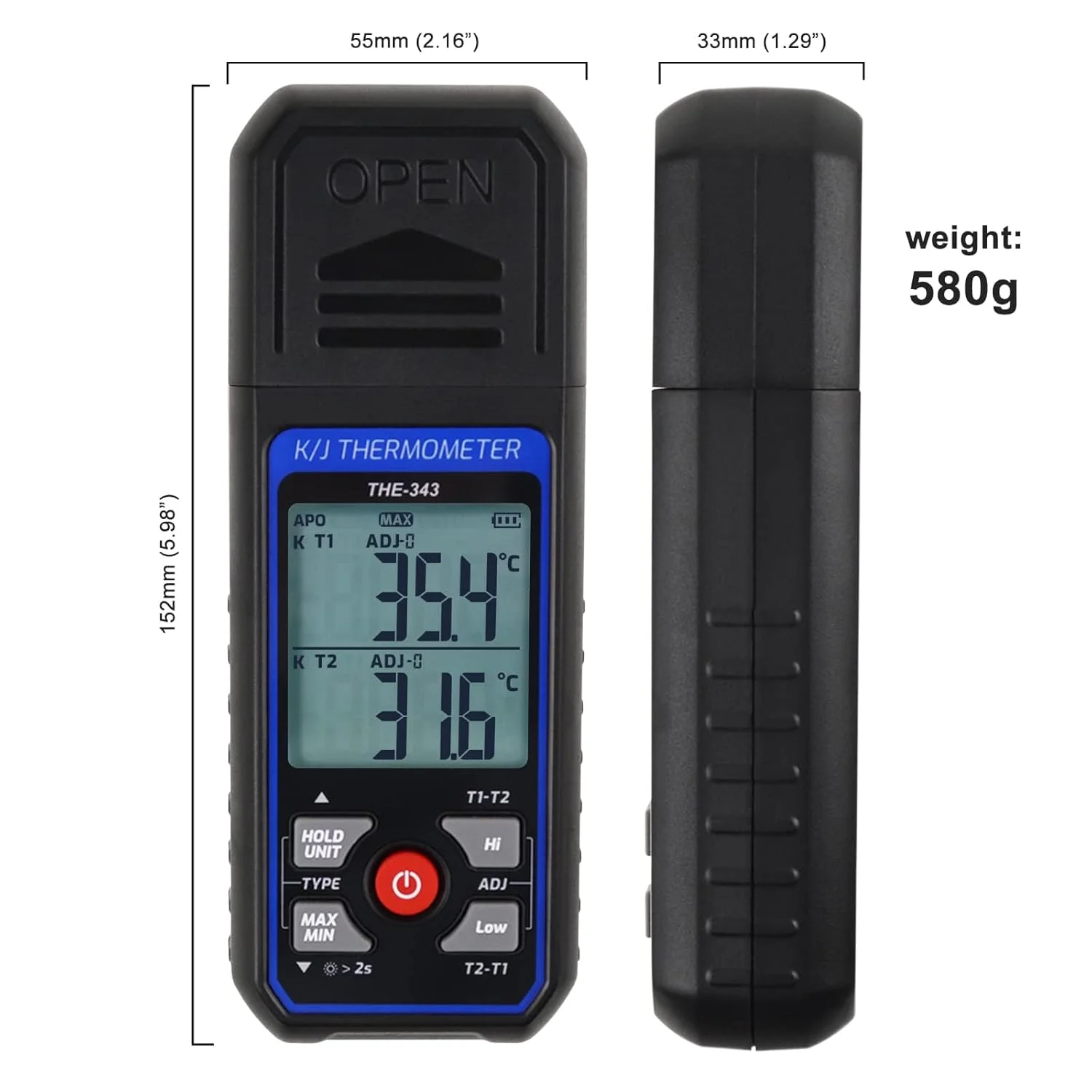 دماسنج ترموکوپل دو کاناله نوع K/J NALACAL، دماسنج دیجیتال با محدوده گسترده اندازه گیری دما کانال T1-T2 با نور پس زمینه و جبران دمای ترموکوپل