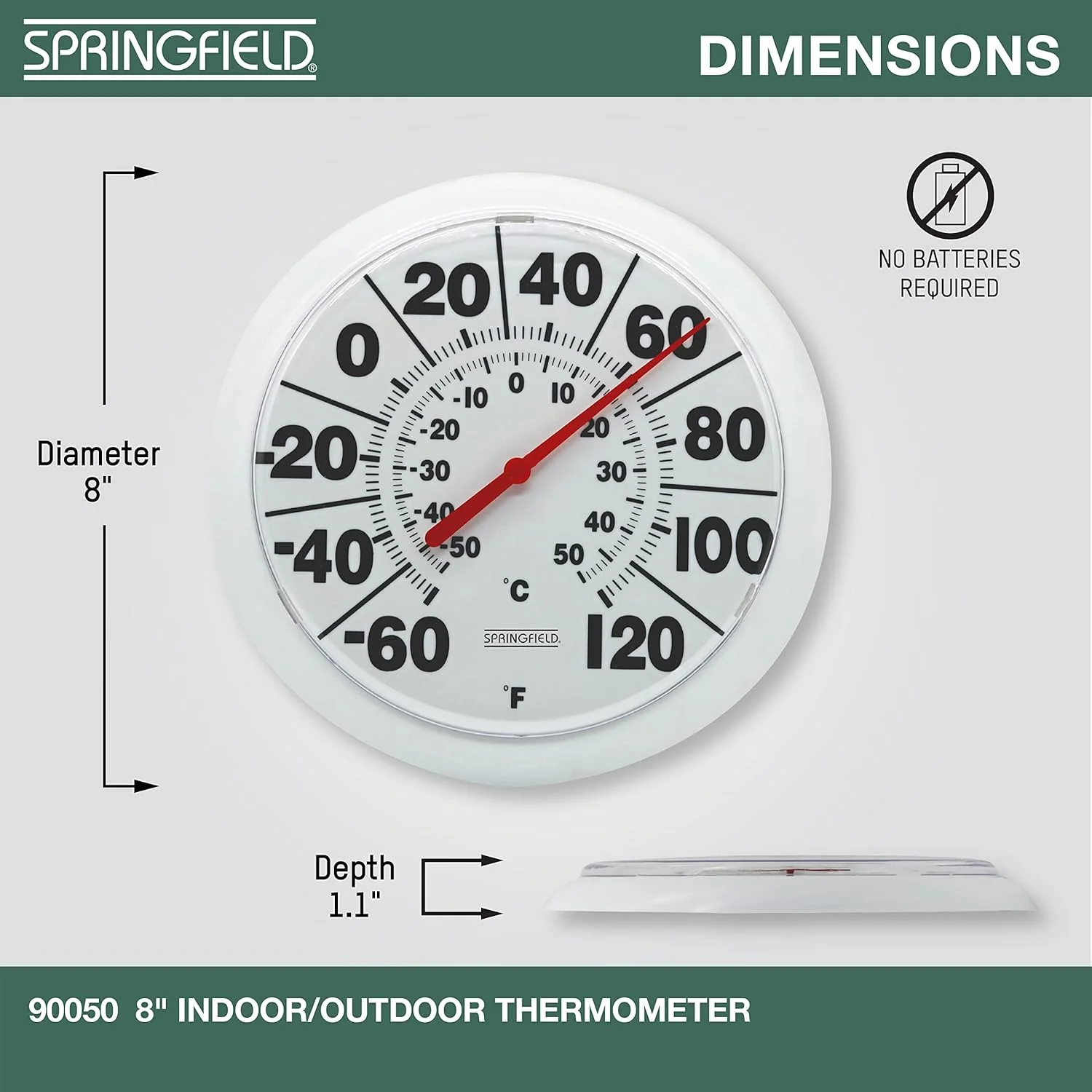 دماسنج بزرگ و برجسته اسپرینگفیلد برای داخل و خارج خانه، 8.5 اینچ، سفید دماسنج بزرگ و برجسته اسپرینگفیلد برای داخل و خارج خانه، 8.5 اینچ، سفید