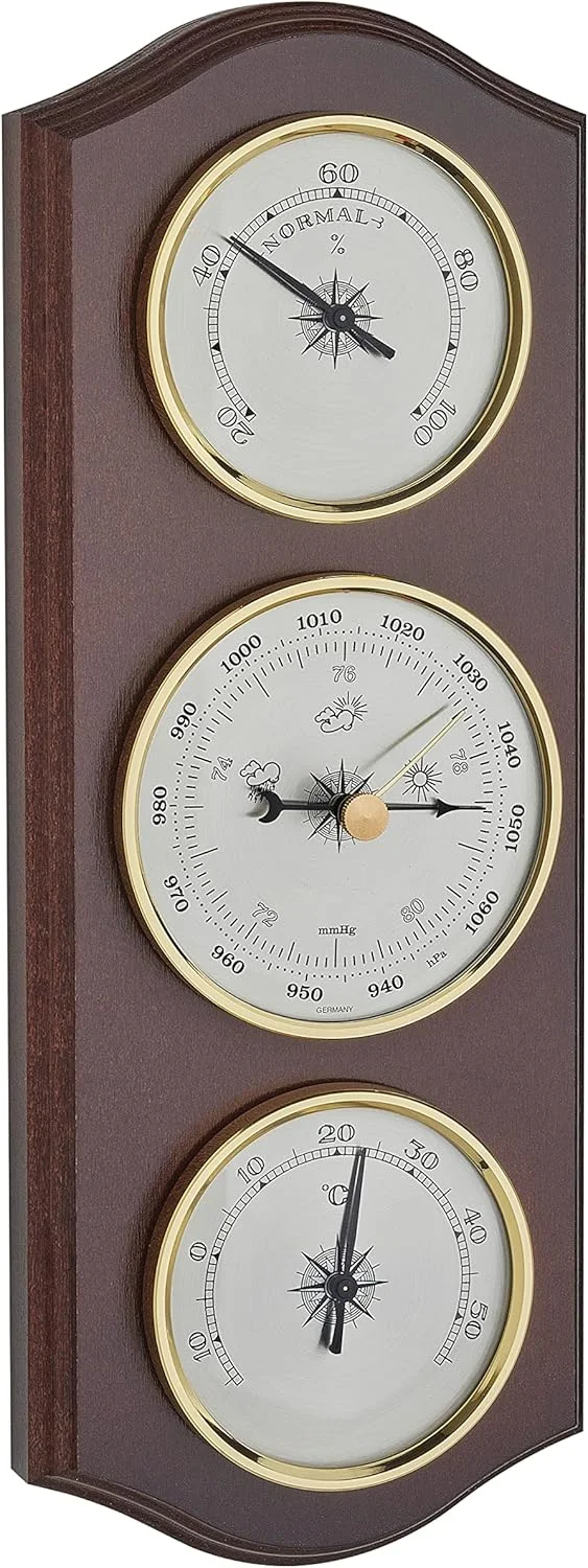 ایستگاه هواشناسی آنالوگ TFA Dostmann 20.1000.03 با بارومتر، ترمومتر، رطوبت سنج، پیش بینی آب و هوای محلی، چوب جامد، گردویی