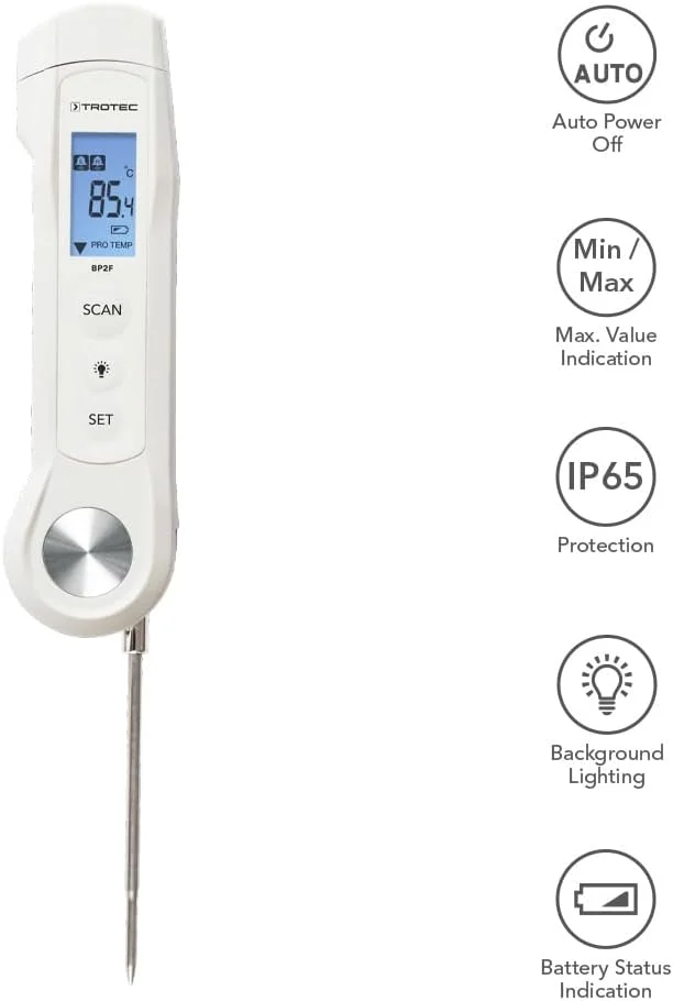 دماسنج مواد غذایی TROTEC BP2F با سنسور مادون قرمز، IP65، LCD دماسنج مواد غذایی TROTEC BP2F با سنسور مادون قرمز، IP65، LCD
