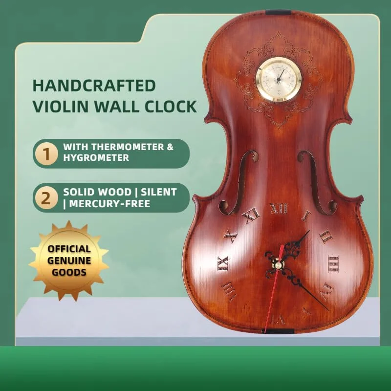 ساعت دیواری ویولن دست ساز با دماسنج - ساعت موسیقی چوبی جامد، دماسنج بدون جیوه، هدیه ای منحصر به فرد برای نوازندگان