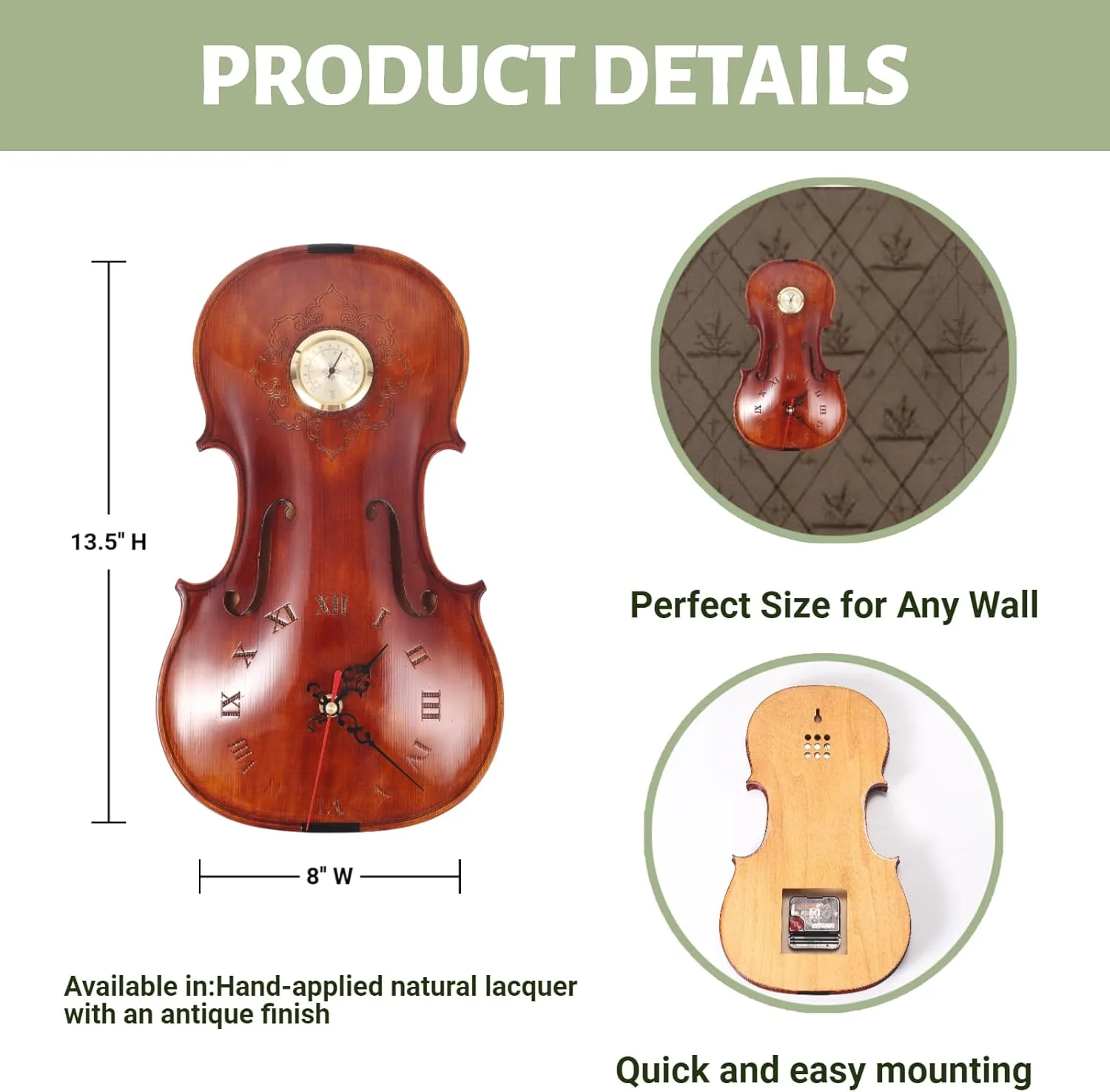 ساعت دیواری ویولن دست ساز با دماسنج - ساعت موسیقی چوبی جامد، دماسنج بدون جیوه، هدیه ای منحصر به فرد برای نوازندگان