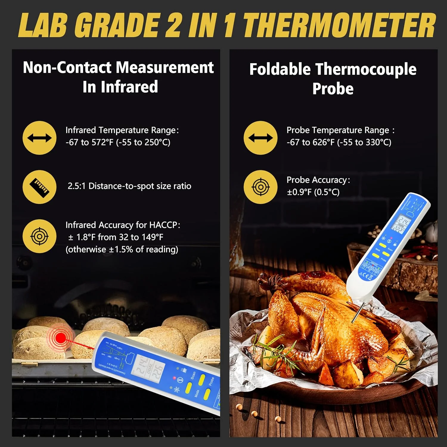 دماسنج فوری خواندنی 2 در 1 AMTAST، دماسنج مادون قرمز غیر تماسی، دماسنج مواد غذایی با بررسی HACCP برای پخت و پز، کباب کردن، باربیکیو، آزمایشگاه