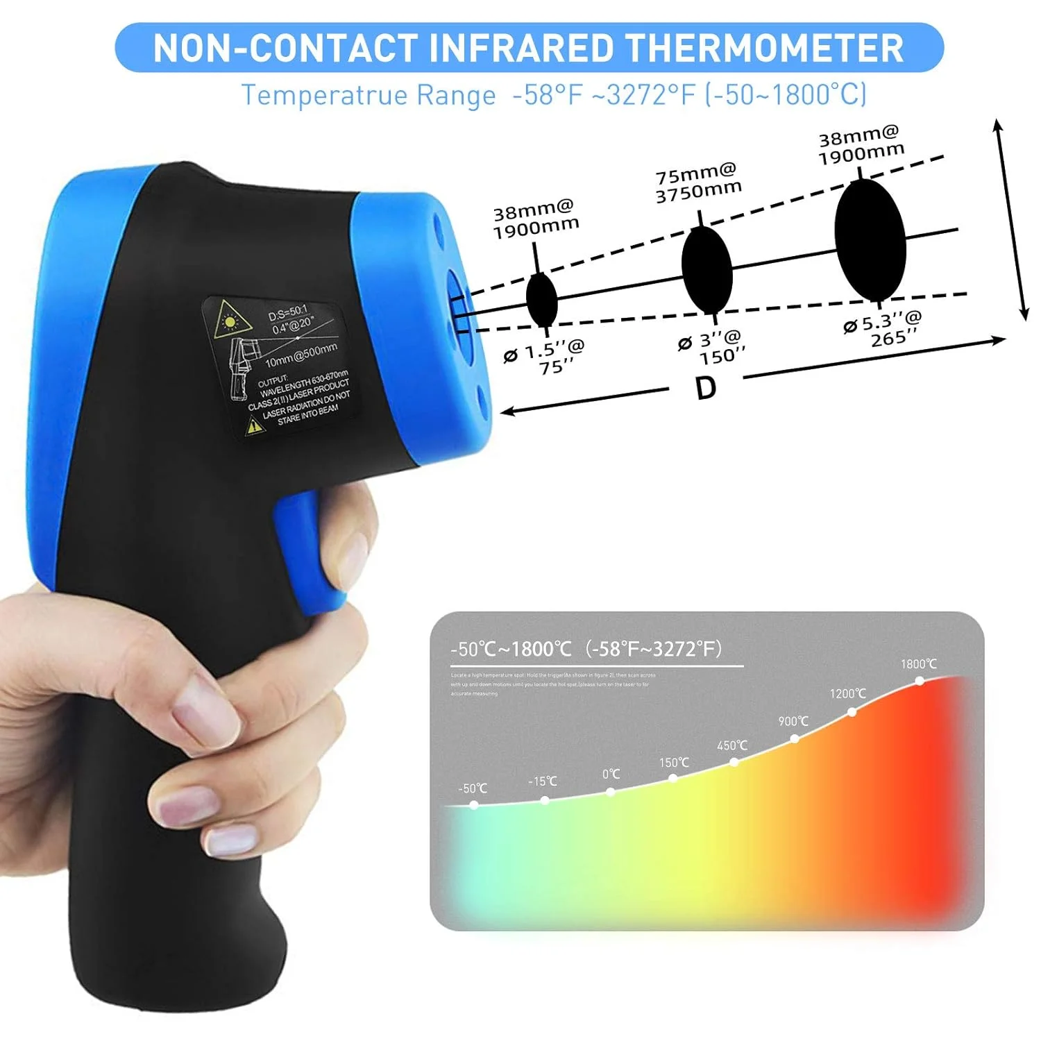 دماسنج مادون قرمز دیجیتال AIOMEST، پیرومتر غیر تماسی، محدوده دما 50- تا 1800 درجه سانتیگراد، تفنگ دمای لیزری IR دستی با صفحه نمایش LCD رنگی برای پخت و پز، کوره، HVAC مدل ANNMETER AN-1800C (نه برای دمای بدن انسان)
