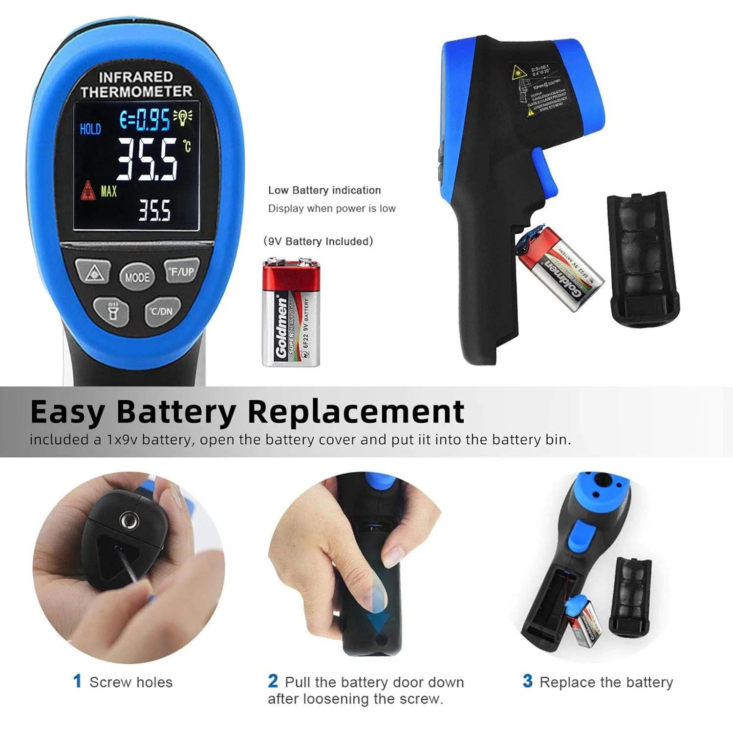 دماسنج مادون قرمز دیجیتال AIOMEST، پیرومتر غیر تماسی، محدوده دما 50- تا 1800 درجه سانتیگراد، تفنگ دمای لیزری IR دستی با صفحه نمایش LCD رنگی برای پخت و پز، کوره، HVAC مدل ANNMETER AN-1800C (نه برای دمای بدن انسان)