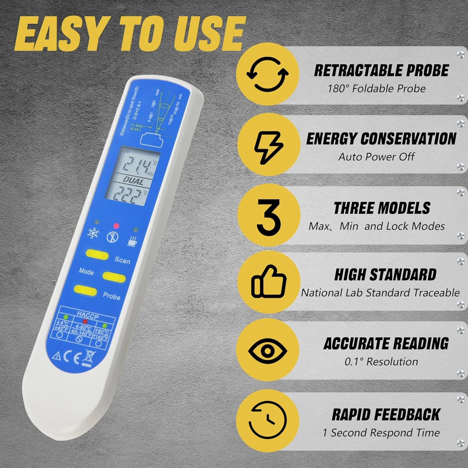 دماسنج فوری 2 در 1 AMTAST، دماسنج مادون قرمز غیر تماسی، دماسنج مواد غذایی با بررسی HACCP برای پخت و پز، کباب کردن، باربیکیو، آزمایشگاه