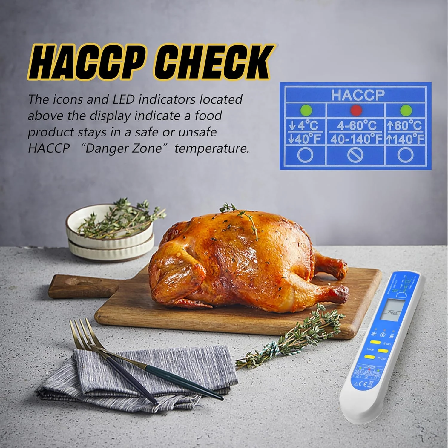 دماسنج فوری 2 در 1 AMTAST، دماسنج مادون قرمز غیر تماسی، دماسنج مواد غذایی با بررسی HACCP برای پخت و پز، کباب کردن، باربیکیو، آزمایشگاه