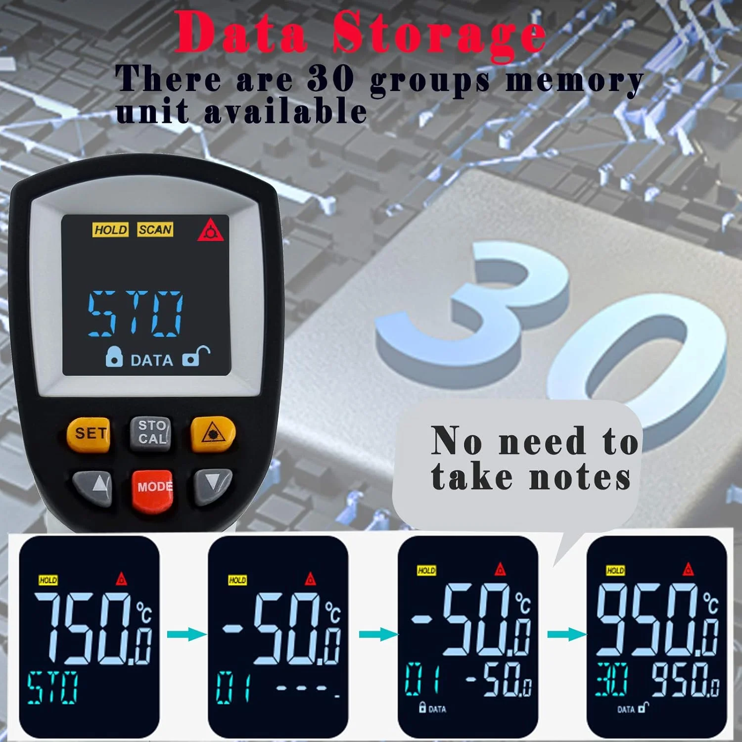 دماسنج مادون قرمز GT750 با قابلیت ثبت داده -50℃~750℃ با حافظه 30 گروهی، تفنگ پیرومتر لیزری IR با هشدار دمای بالا و پایین و مقادیر MAX MIN DIF AVG برای پخت و پز و تعمیر خودرو