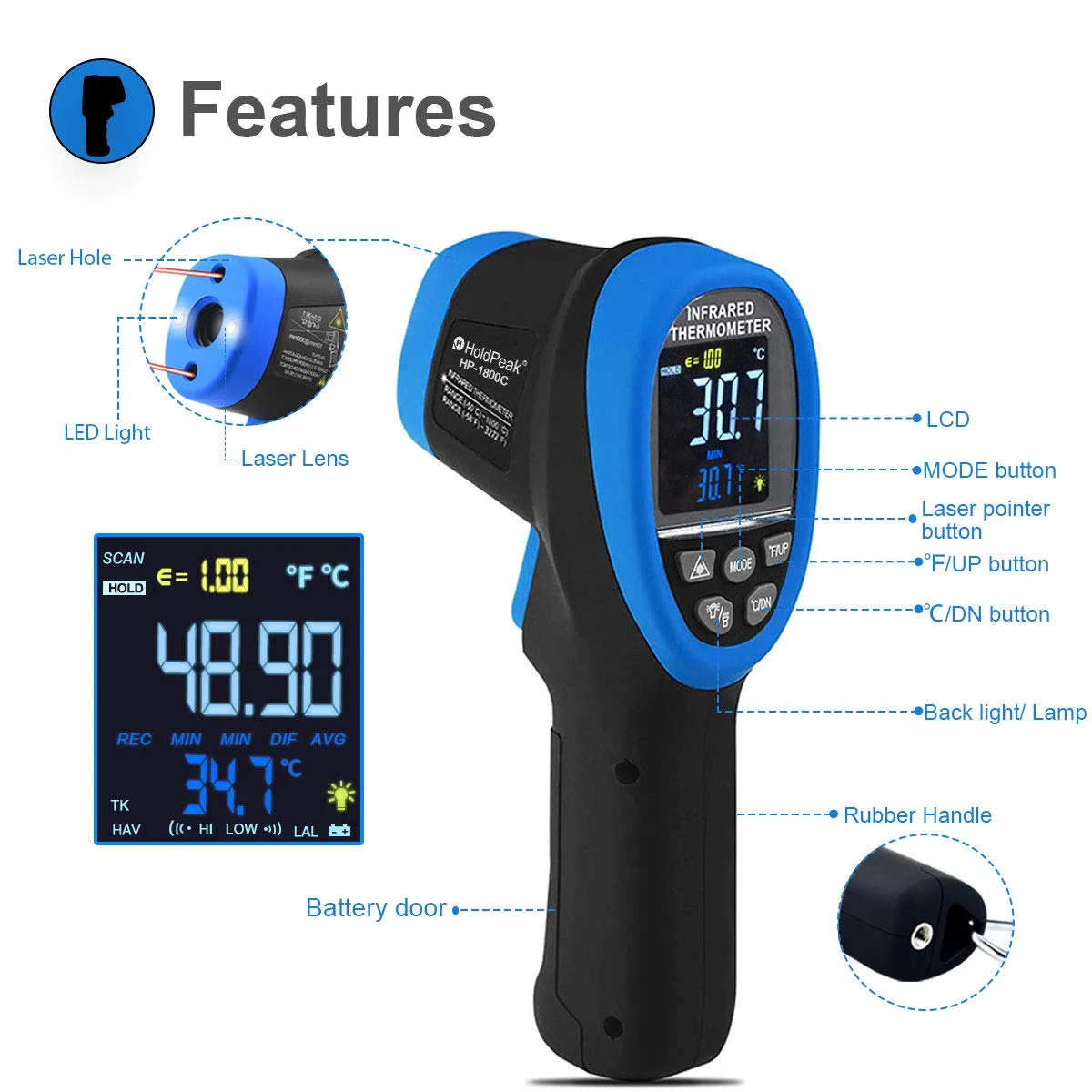 دماسنج مادون قرمز لیزری دوگانه -50 تا 1500 درجه سانتیگراد دماسنج پیرومتر نسبت فاصله به نقطه 30:1 دماسنج دمای بالا، تفنگ دماسنج IR با نور پس زمینه و چراغ قوه【غیر انسانی】 دماسنج مادون قرمز لیزری دوگانه -50 تا 1500 درجه سانتیگراد دماسنج پیرومتر نسبت فاصله به نقطه 30:1 دماسنج دمای بالا، تفنگ دماسنج IR با نور پس زمینه و چراغ قوه【غیر انسانی】