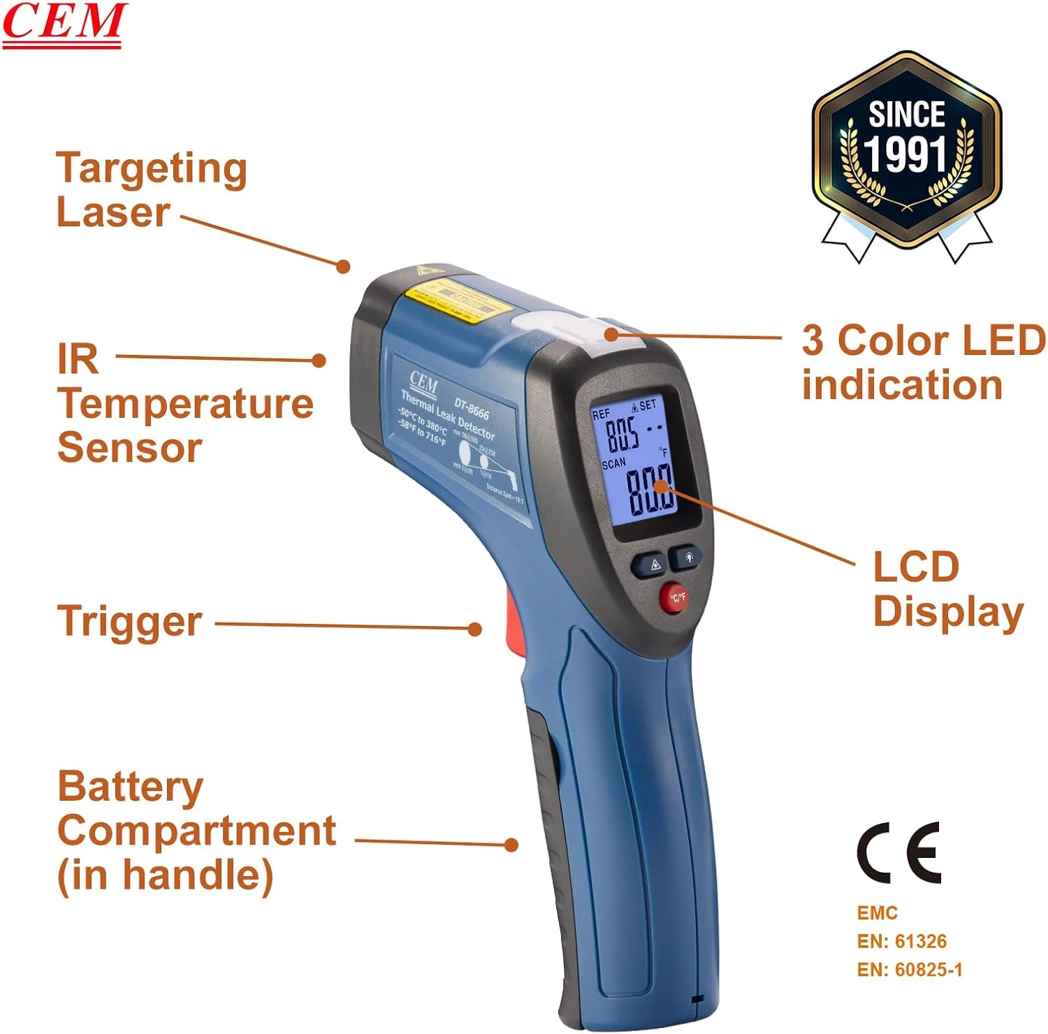 ترمومتر مادون قرمز CEM، تفنگ دمای دیجیتال حرارتی، آشکارساز نشت هوا برای تعمیرات صنعتی با لیزر دایره ای ثبت شده، ترمومتر لیزری، 50- تا 380 درجه سانتیگراد، مناسب برای استفاده انسانی نیست