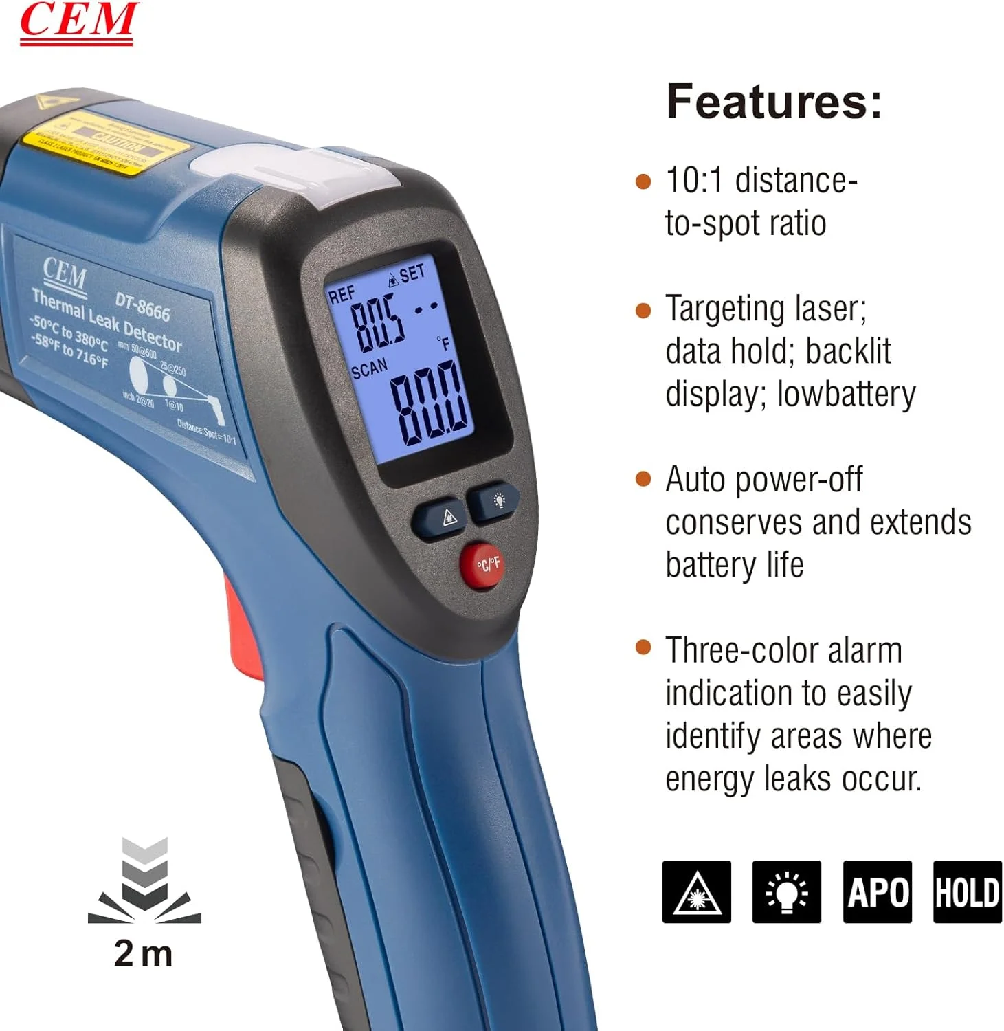 ترمومتر مادون قرمز CEM، تفنگ دمای دیجیتال حرارتی، آشکارساز نشت هوا برای تعمیرات صنعتی با لیزر دایره ای ثبت شده، ترمومتر لیزری، 50- تا 380 درجه سانتیگراد، مناسب برای استفاده انسانی نیست