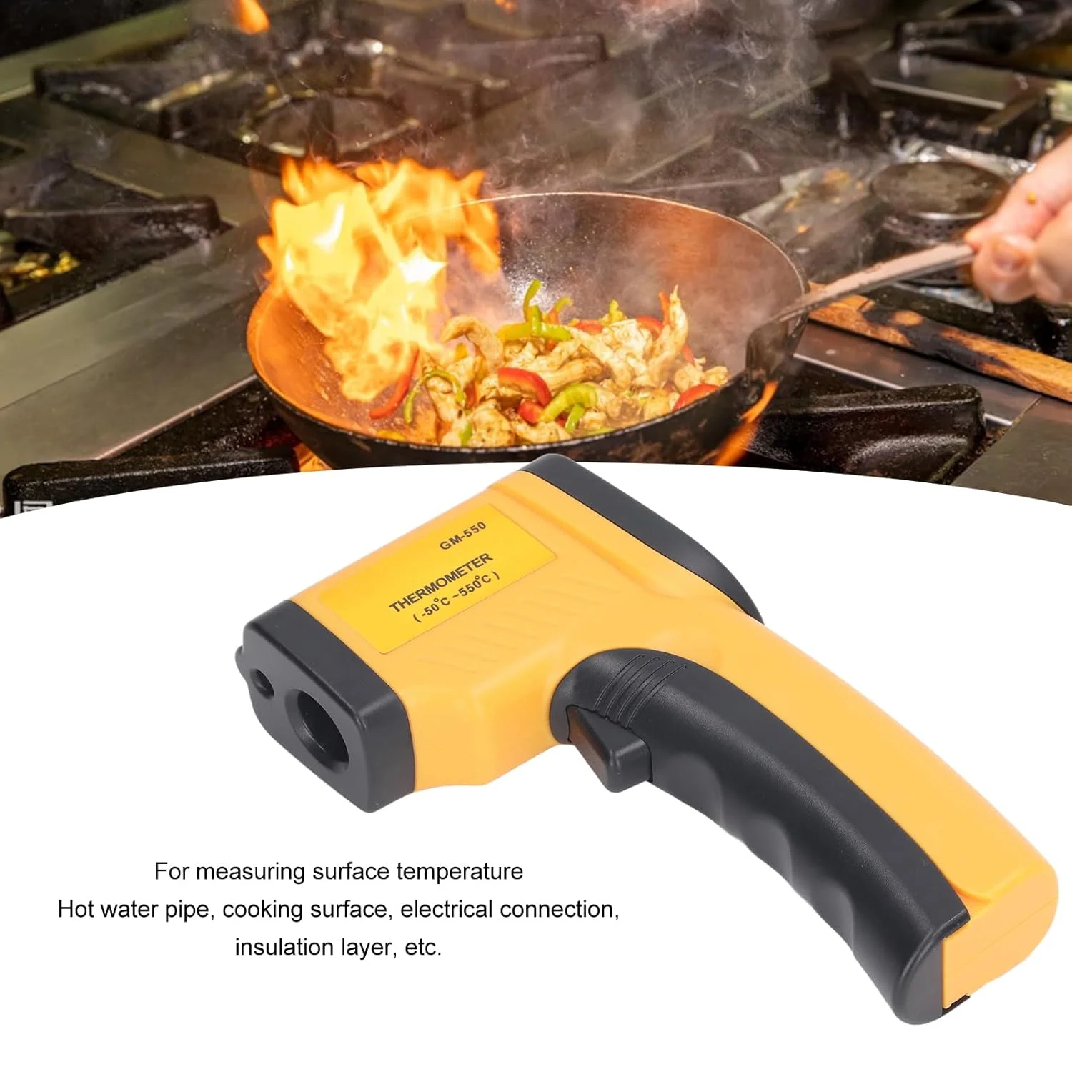 دماسنج مادون قرمز صنعتی، غیر تماسی، دستی، اندازه گیری دما از 50 تا 550 درجه سانتیگراد، برای لوله های آب گرم، قطعات ماشین آلات حرارتی، سطوح پخت و پز و موارد دیگر