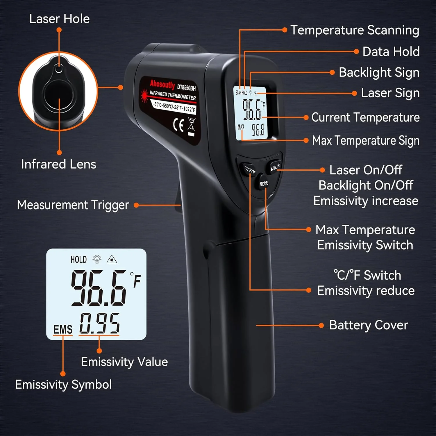 دماسنج مادون قرمز (غیر تماسی) -50℃~550℃ با نور پس زمینه (مشکی) دماسنج مادون قرمز (غیر تماسی) -50℃~550℃ با نور پس زمینه (مشکی)