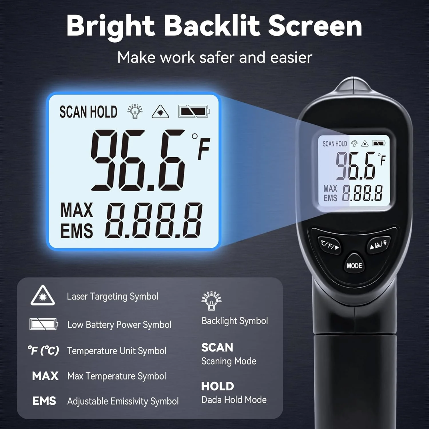 دماسنج مادون قرمز (غیر تماسی) -50℃~550℃ با نور پس زمینه (مشکی) دماسنج مادون قرمز (غیر تماسی) -50℃~550℃ با نور پس زمینه (مشکی)