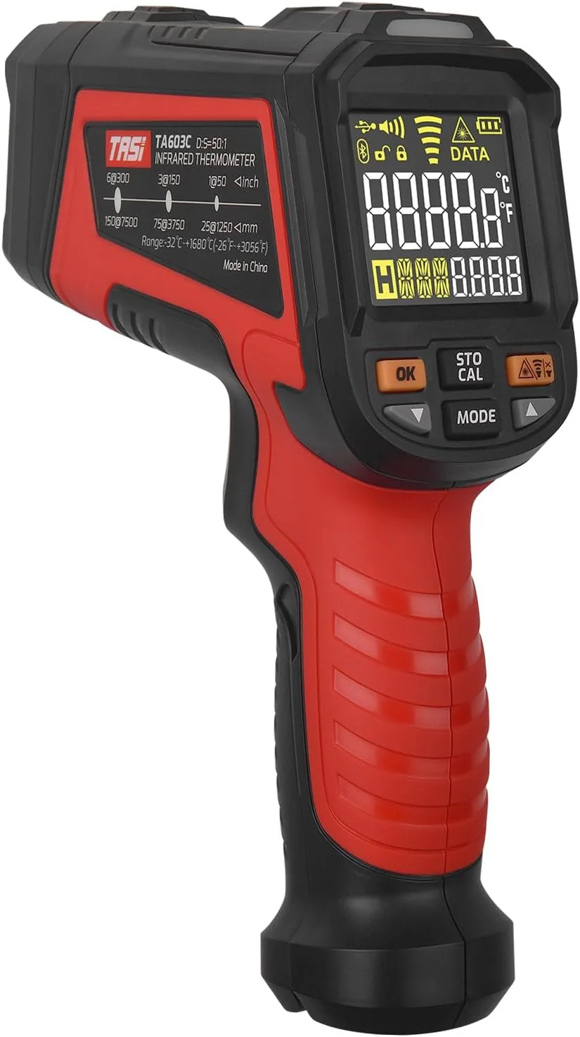 دماسنج لیزری مادون قرمز Domary، دستگاه دیجیتال غیر تماسی اندازه گیری دما -32℃~1680℃ (-26℉~3056℉)، دماسنج IR با صفحه نمایش رنگی و قابلیت تنظیم ضریب تشعشع برای آشپزخانه صنعتی، پخت و پز و خودرو