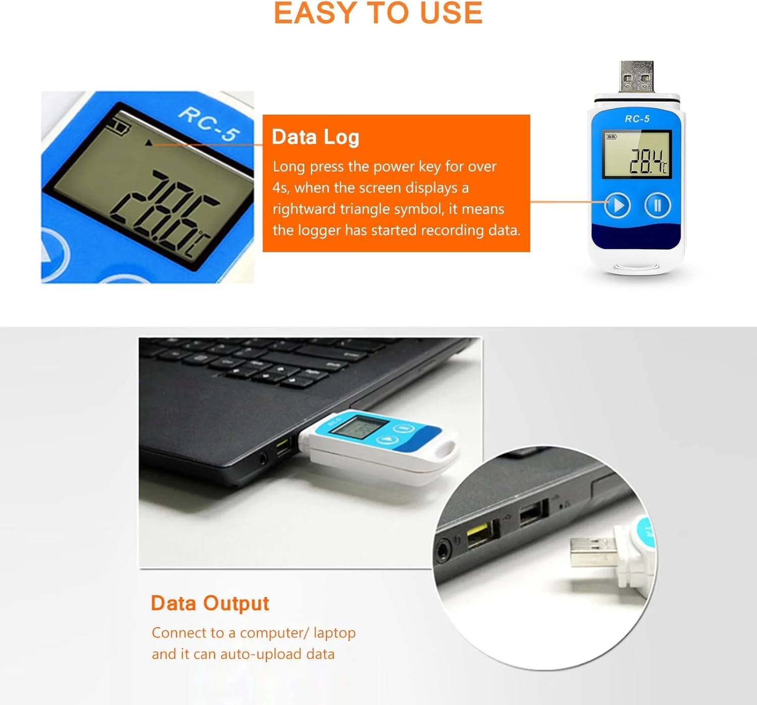 دیتالاگر دما Eacam، دقت بالا، ضبط کننده داده USB با 32000 نقطه، صفحه نمایش LCD، ضد آب IP67، ترمومتر صنعتی برای حمل و نقل زنجیره سرد