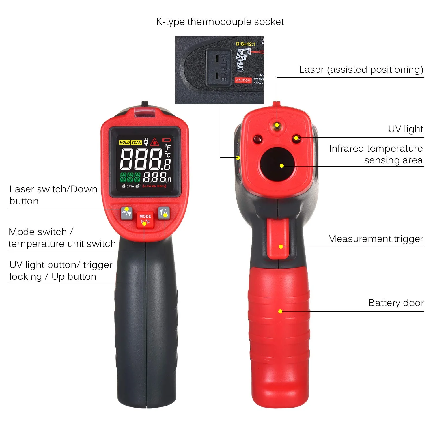 دوماری دماسنج مادون قرمز -50℃～850℃ ترمومتر صنعتی حرفه ای با ترموکوپل نوع K دماسنج لیزری دیجیتال غیر تماسی قابل حمل تستر دما