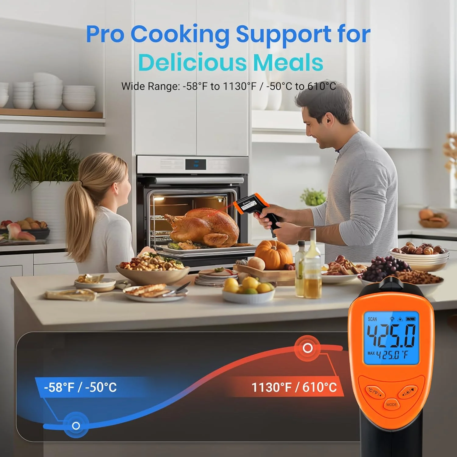 ترمومتر مادون قرمز Etekcity 1080، تفنگ دمای حرارت برای پخت و پز، ابزار لیزری IR سطح برای فر پیتزا، گوشت، تابه، گریل، HVAC، موتور، لوازم جانبی، -50°C تا 610°C، نارنجی