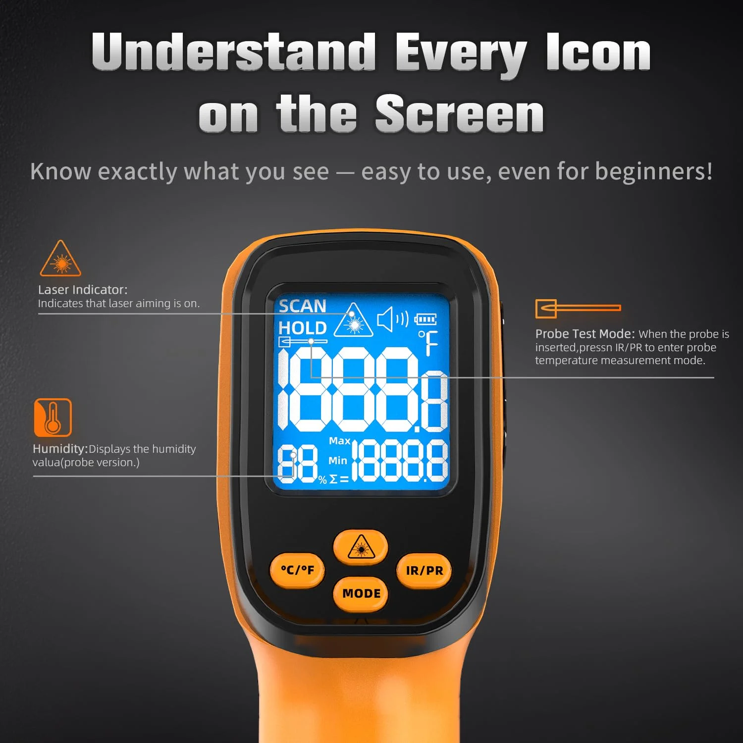 دماسنج مادون قرمز، تفنگ دمای لیزری دیجیتال غیر تماسی -50 تا 800 درجه سانتیگراد، پروب نوع K -50 تا 300 درجه سانتیگراد، برای پخت و پز، فر پیتزا، باربیکیو، تهویه مطبوع، مصارف خانگی و صنعتی