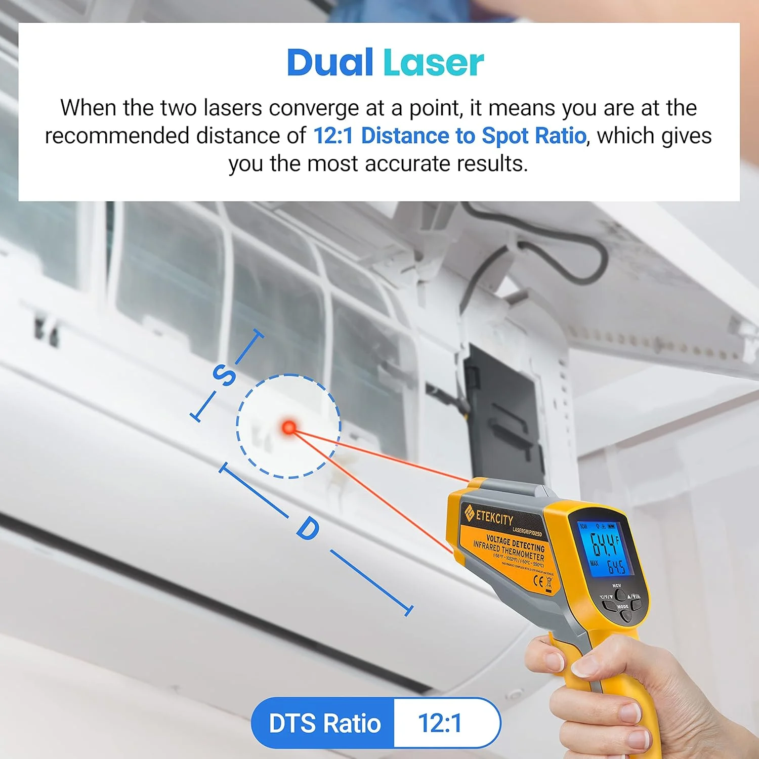 دماسنج لیزری مادون قرمز دیجیتال دوگانه Etekcity Lasergrip 1025D، محدوده دما: 50- درجه سانتیگراد تا 550 درجه سانتیگراد، با قابلیت تنظیم ضریب تشعشع، تستر ولتاژ غیر تماسی (NCV)، اندازه استاندارد، خاکستری و زرد دماسنج لیزری مادون قرمز دیجیتال دوگانه Etekcity Lasergrip 1025D، محدوده دما: 50- درجه سانتیگراد تا 550 درجه سانتیگراد، با قابلیت تنظیم ضریب تشعشع، تستر ولتاژ غیر تماسی (NCV)، اندازه استاندارد، خاکستری و زرد