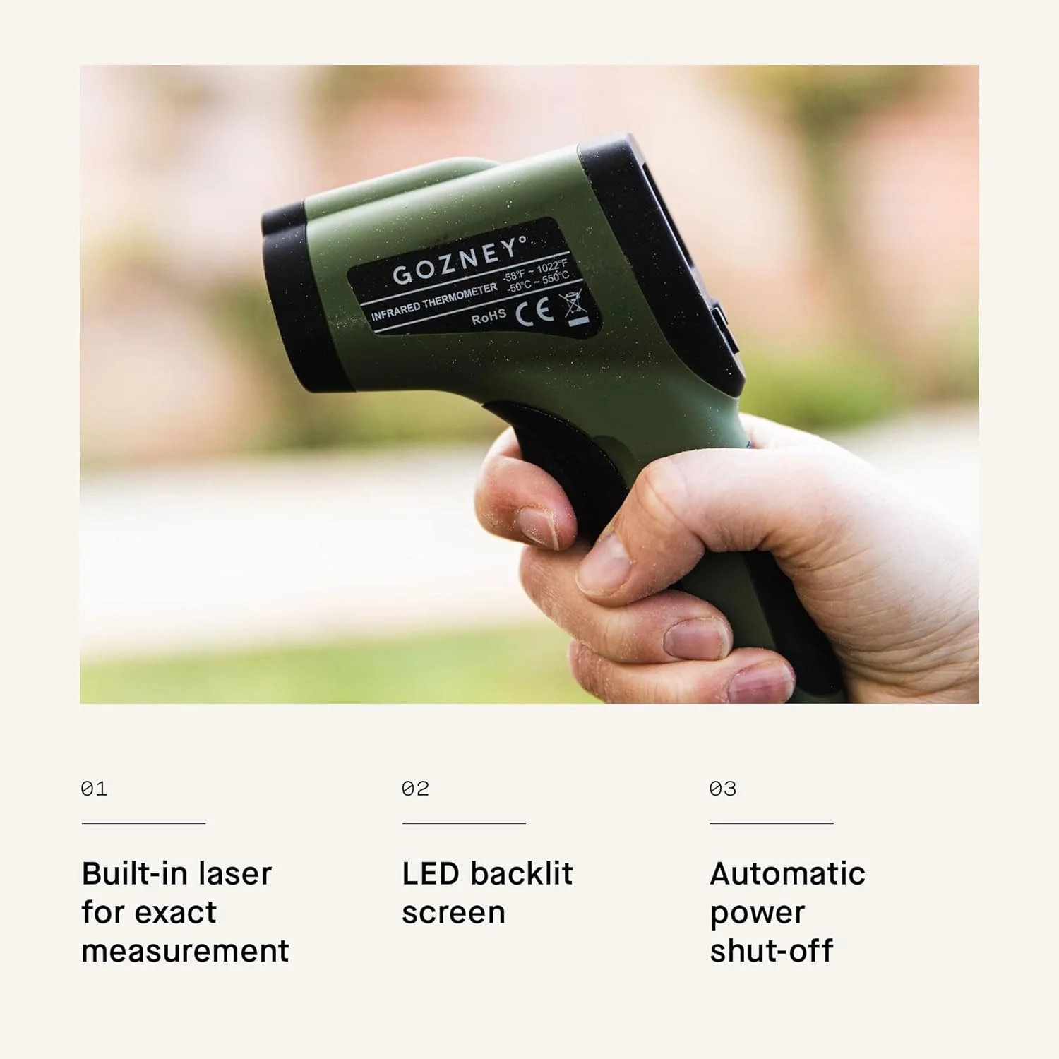 دماسنج مادون قرمز گوزنی - دماسنج لیزری داخلی با صفحه نمایش LED - شامل باتری 9 ولت - سلسیوس و فارنهایت - لوازم جانبی فر پیتزا